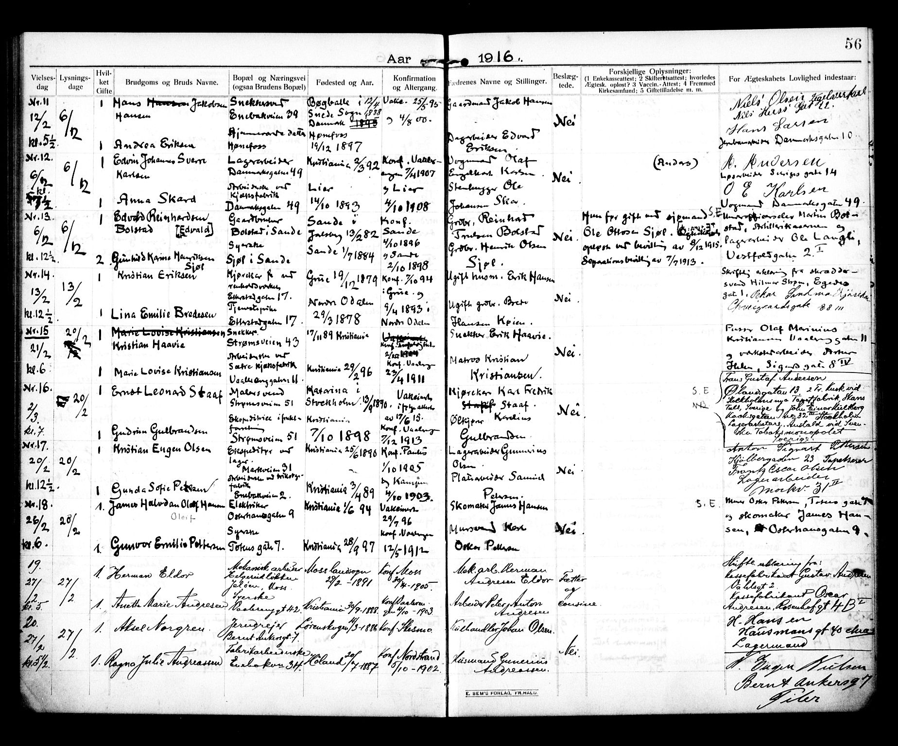 Vålerengen prestekontor Kirkebøker, SAO/A-10878/H/Ha/L0002: Banns register no. 2, 1910-1918, p. 56