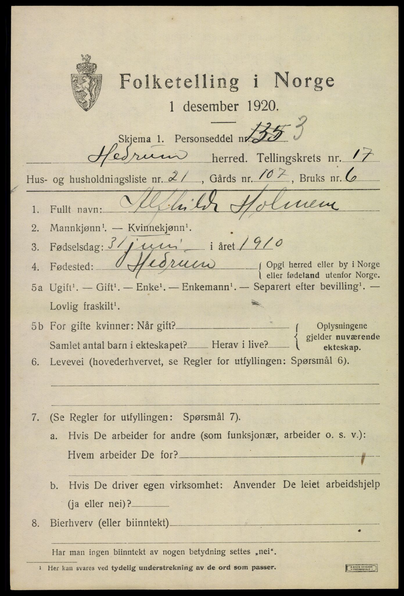 SAKO, 1920 census for Hedrum, 1920, p. 10783
