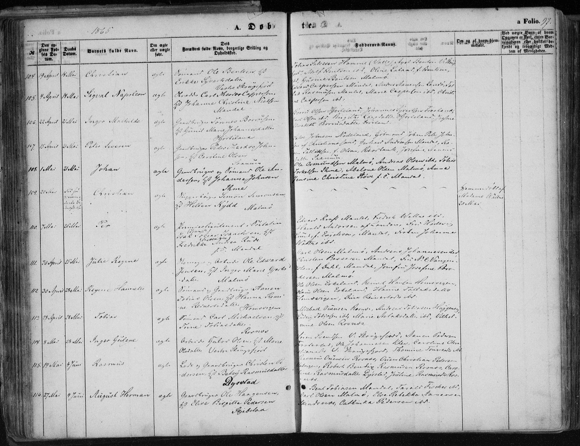 Mandal sokneprestkontor, AV/SAK-1111-0030/F/Fa/Faa/L0014: Parish register (official) no. A 14, 1859-1872, p. 97