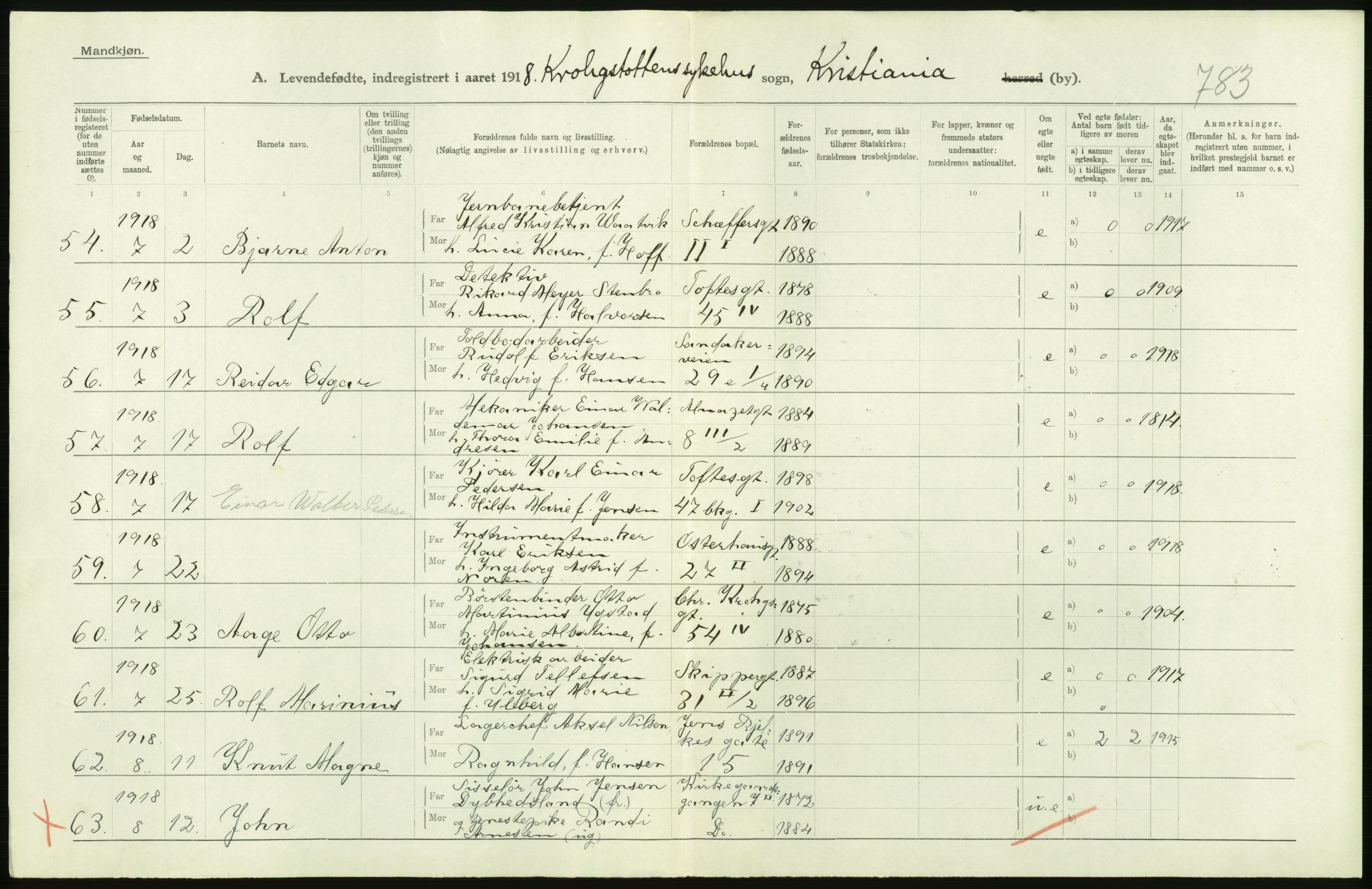 Statistisk sentralbyrå, Sosiodemografiske emner, Befolkning, AV/RA-S-2228/D/Df/Dfb/Dfbh/L0008: Kristiania: Levendefødte menn og kvinner., 1918, p. 244