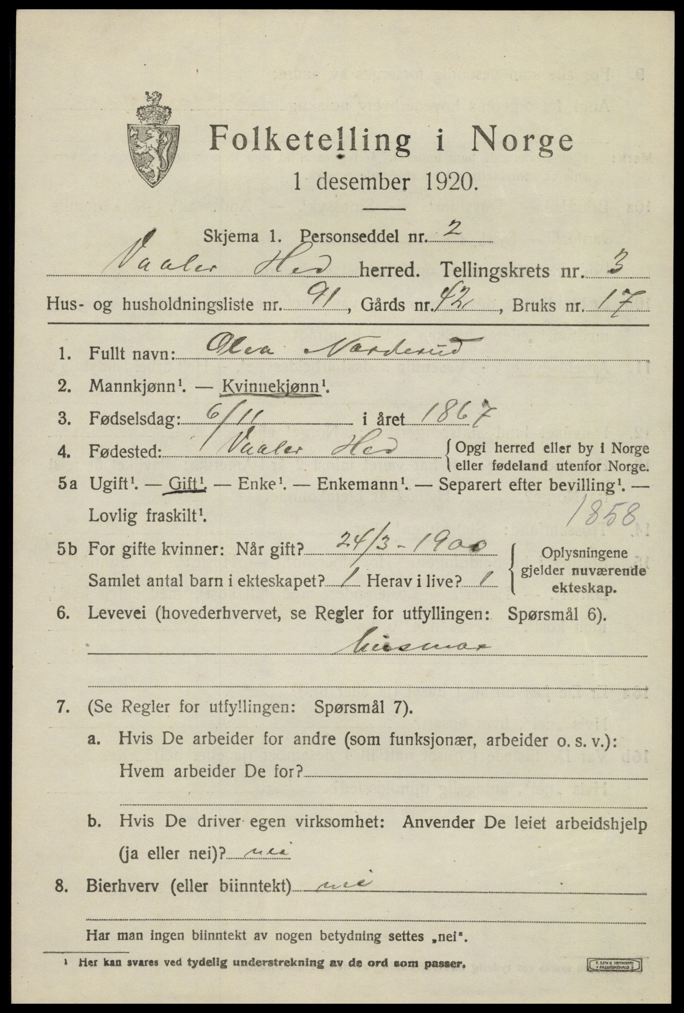 SAH, 1920 census for Våler (Hedmark), 1920, p. 4377