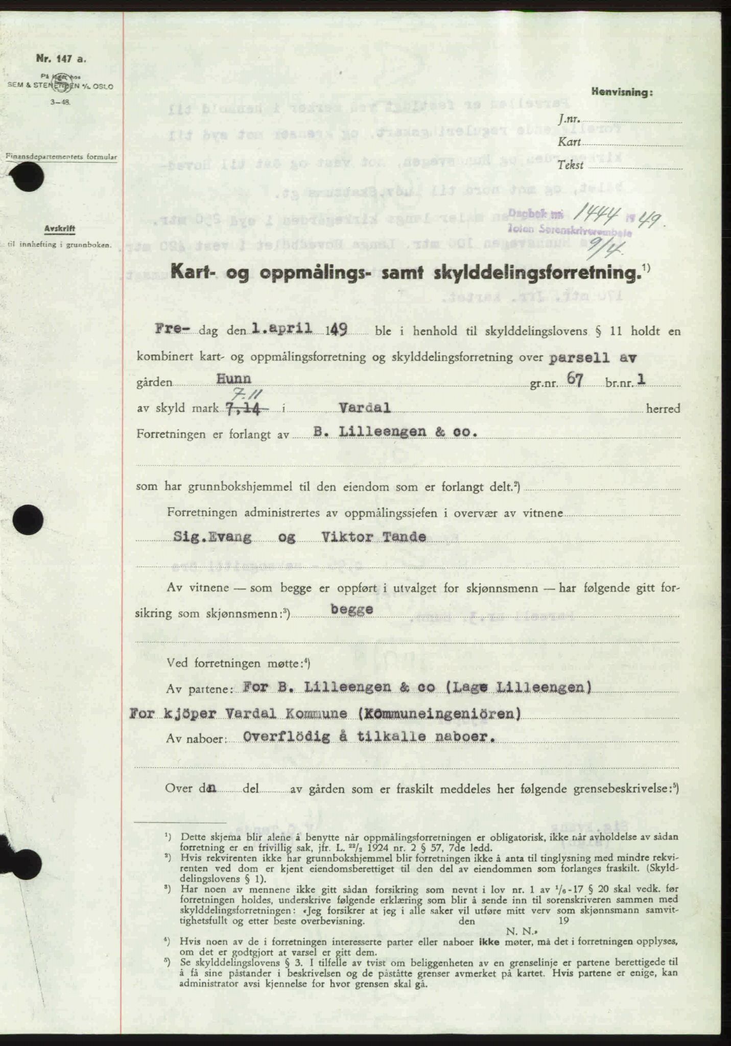 Toten tingrett, AV/SAH-TING-006/H/Hb/Hbc/L0021: Mortgage book no. Hbc-21, 1948-1949, Diary no: : 1444/1949