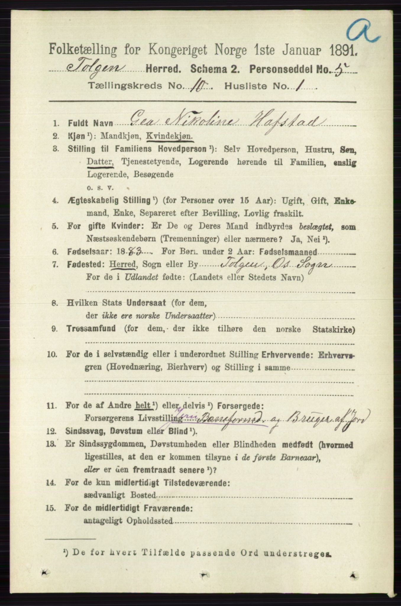 RA, 1891 census for 0436 Tolga, 1891, p. 2693