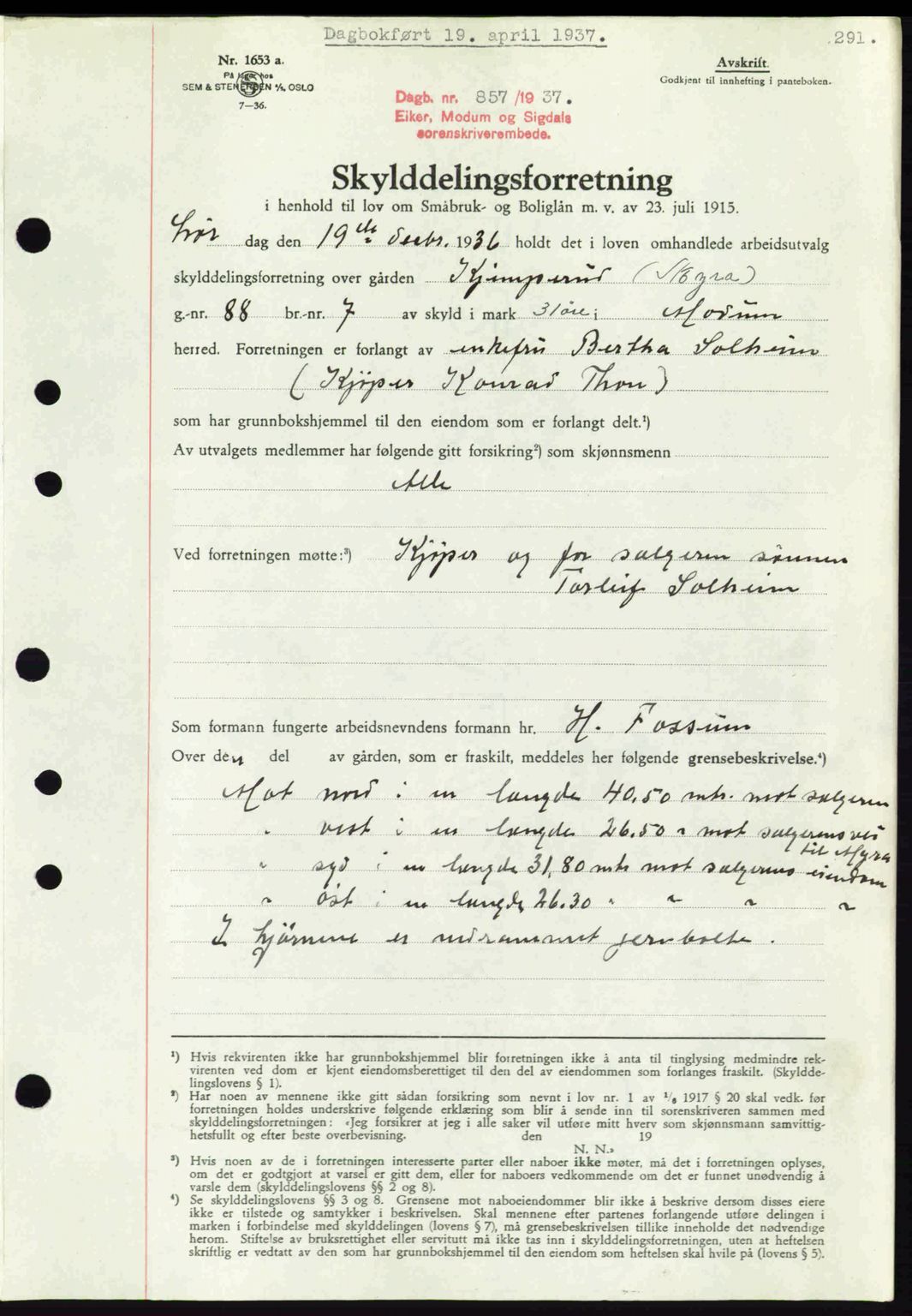 Eiker, Modum og Sigdal sorenskriveri, SAKO/A-123/G/Ga/Gab/L0035: Mortgage book no. A5, 1937-1937, Diary no: : 857/1937