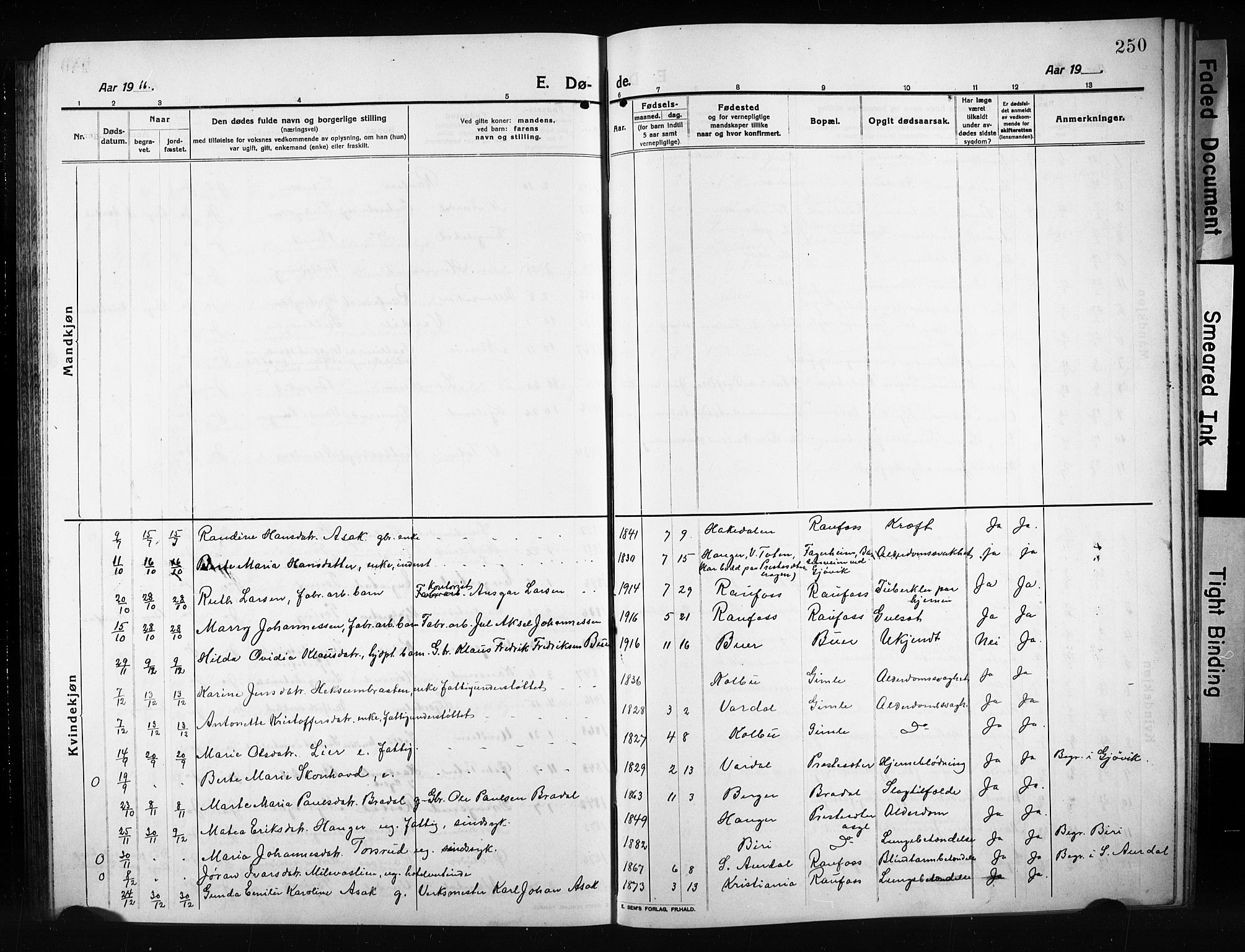 Vestre Toten prestekontor, SAH/PREST-108/H/Ha/Hab/L0012: Parish register (copy) no. 12, 1909-1928, p. 250