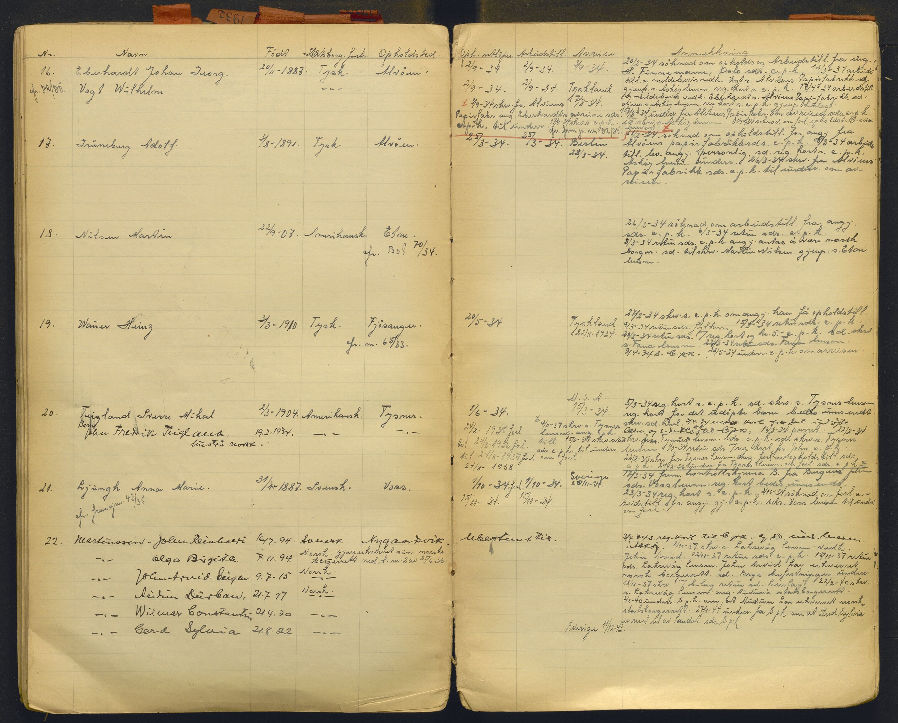 Hordaland politidistrikt, AV/SAB-A-64101/K/Ka/L0001: Brevjournal for framandvesenet (1921-1926) og framandsakjournal med register (1929-1937), 1921-1937
