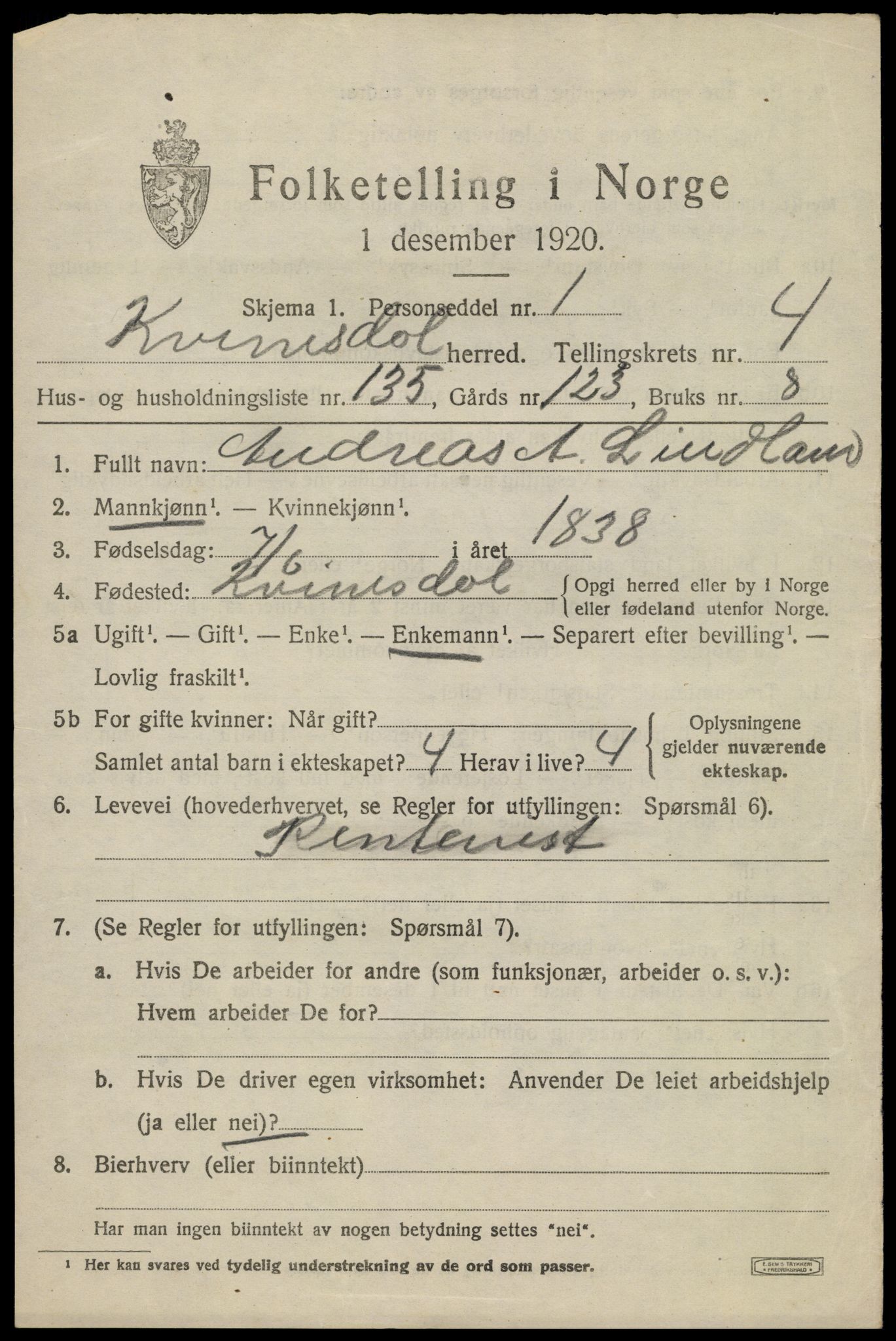 SAK, 1920 census for Kvinesdal, 1920, p. 5701