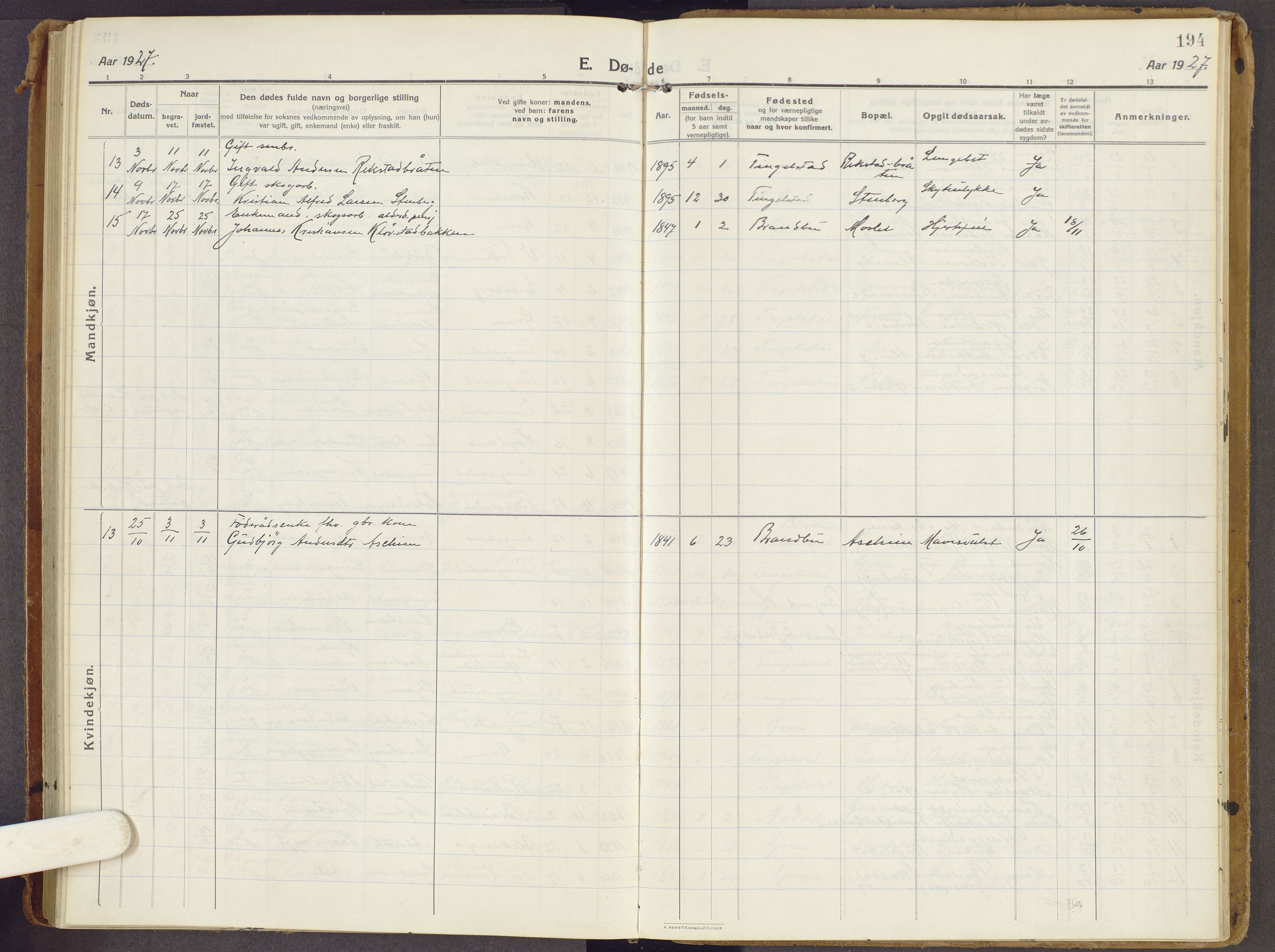 Brandbu prestekontor, SAH/PREST-114/H/Ha/Haa/L0003: Parish register (official) no. 3, 1914-1928, p. 194