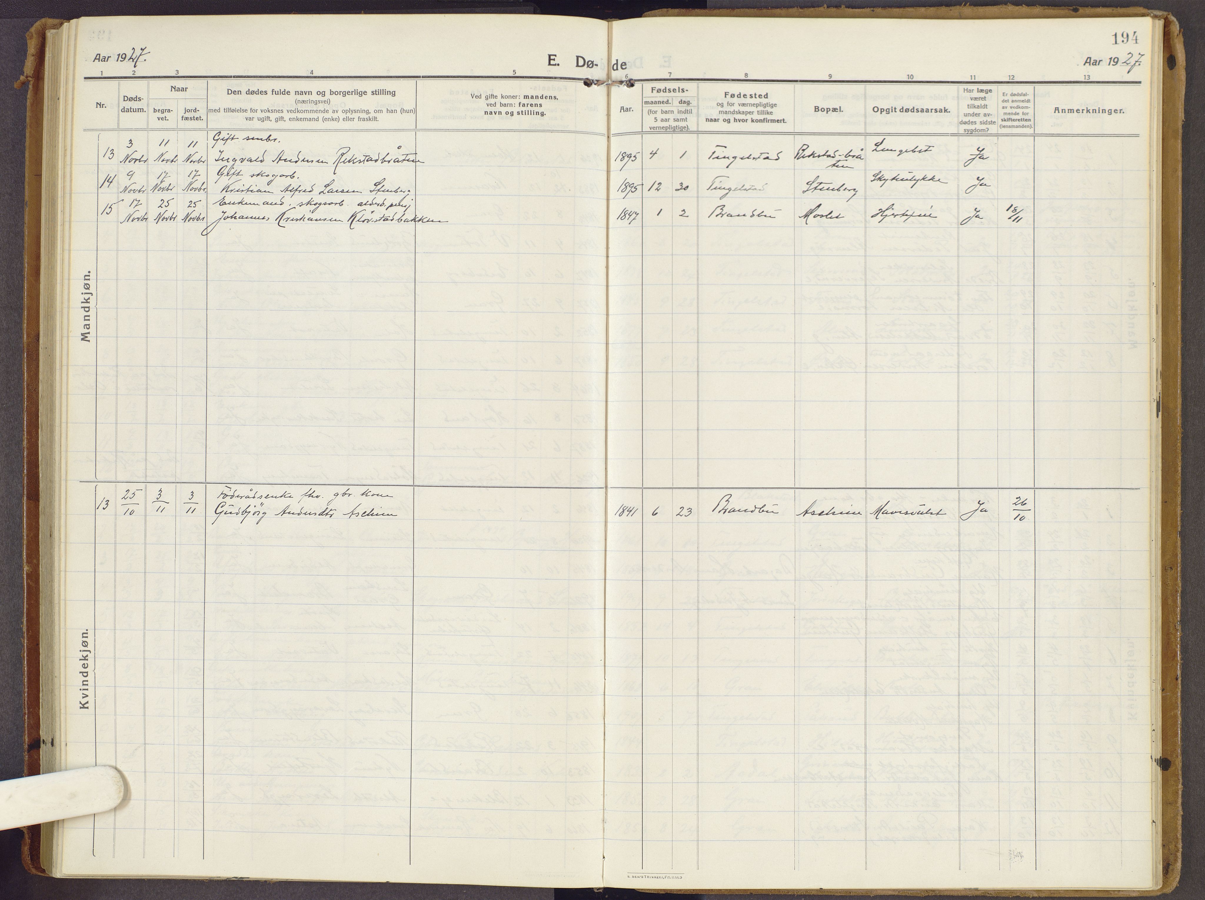 Brandbu prestekontor, AV/SAH-PREST-114/H/Ha/Haa/L0003: Parish register (official) no. 3, 1914-1928, p. 194