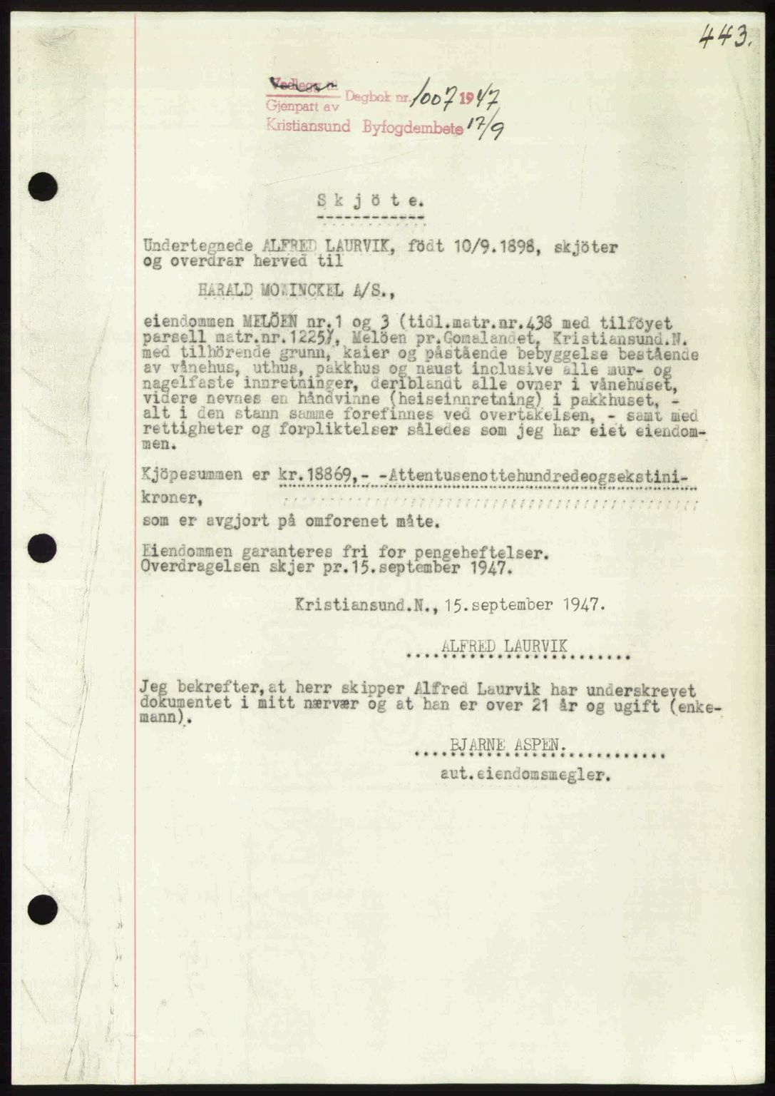 Kristiansund byfogd, AV/SAT-A-4587/A/27: Mortgage book no. 39b, 1946-1947, Diary no: : 1007/1947