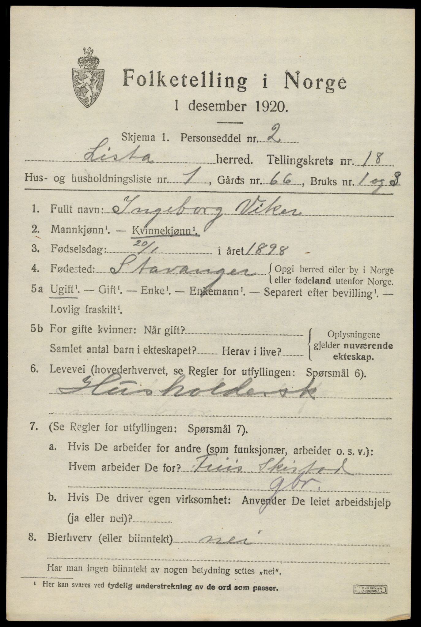 SAK, 1920 census for Lista, 1920, p. 13779