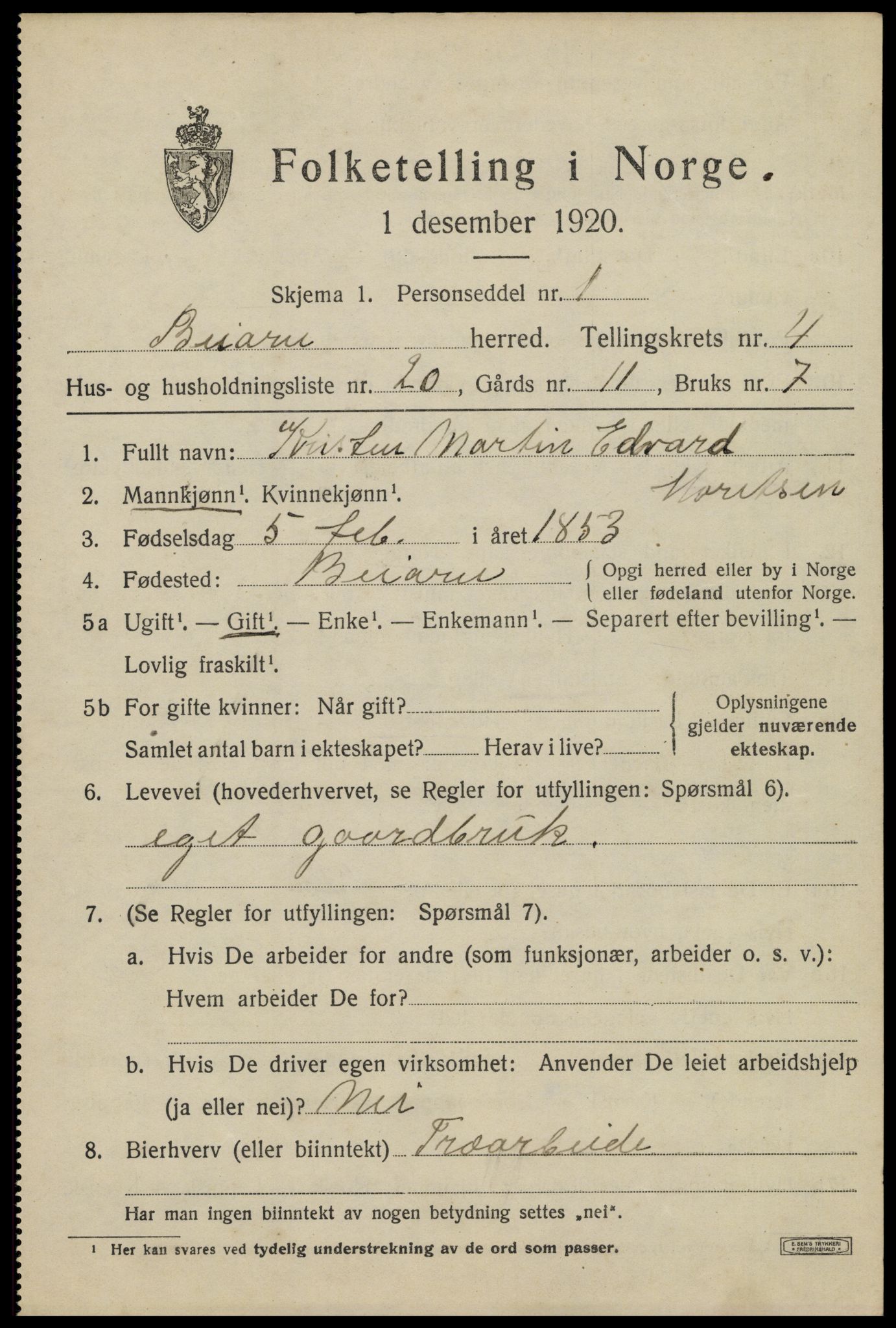 SAT, 1920 census for Beiarn, 1920, p. 1908