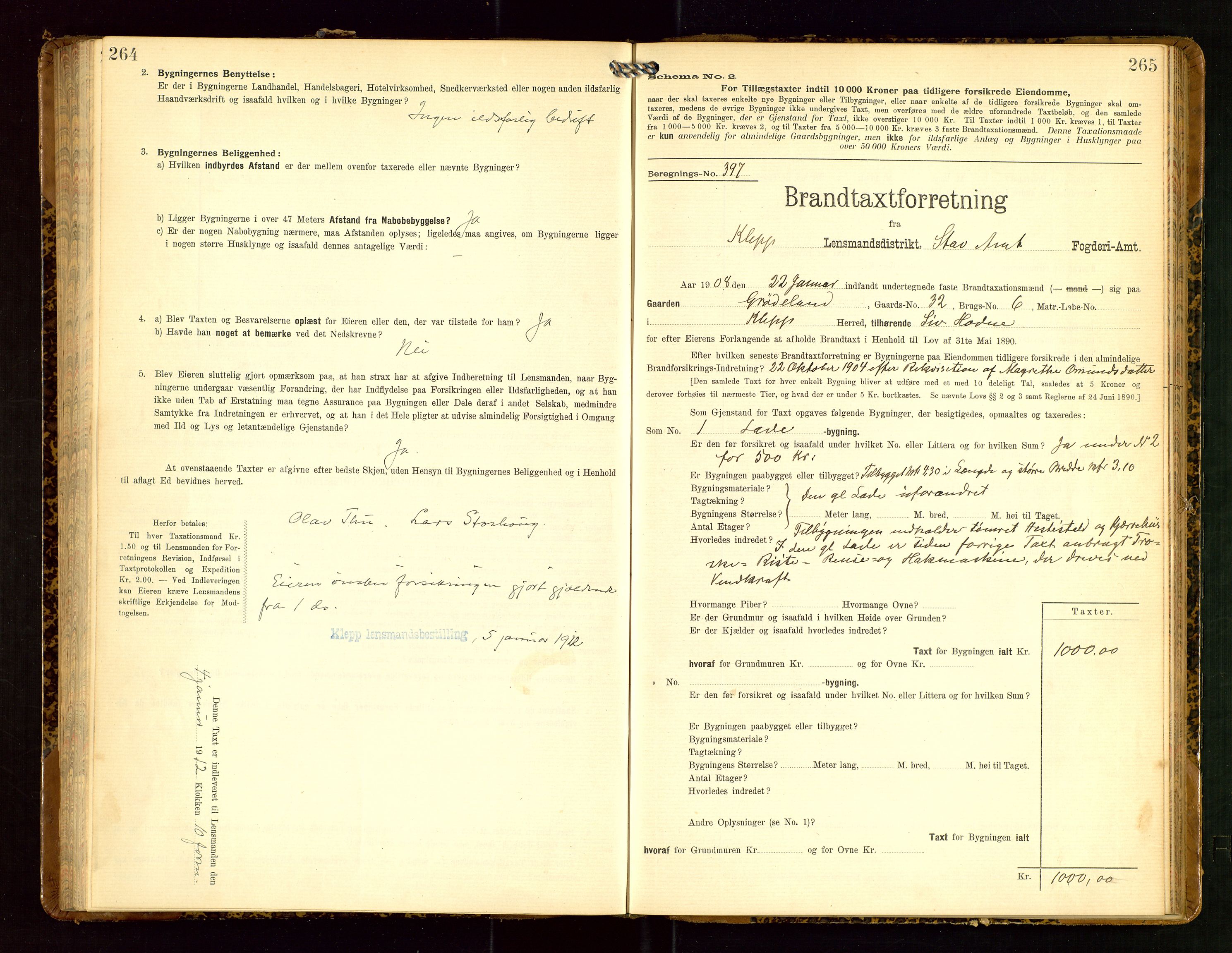 Klepp lensmannskontor, SAST/A-100163/Goc/L0005: "Brandtaxationsprotokol" m/register, 1908, p. 264-265