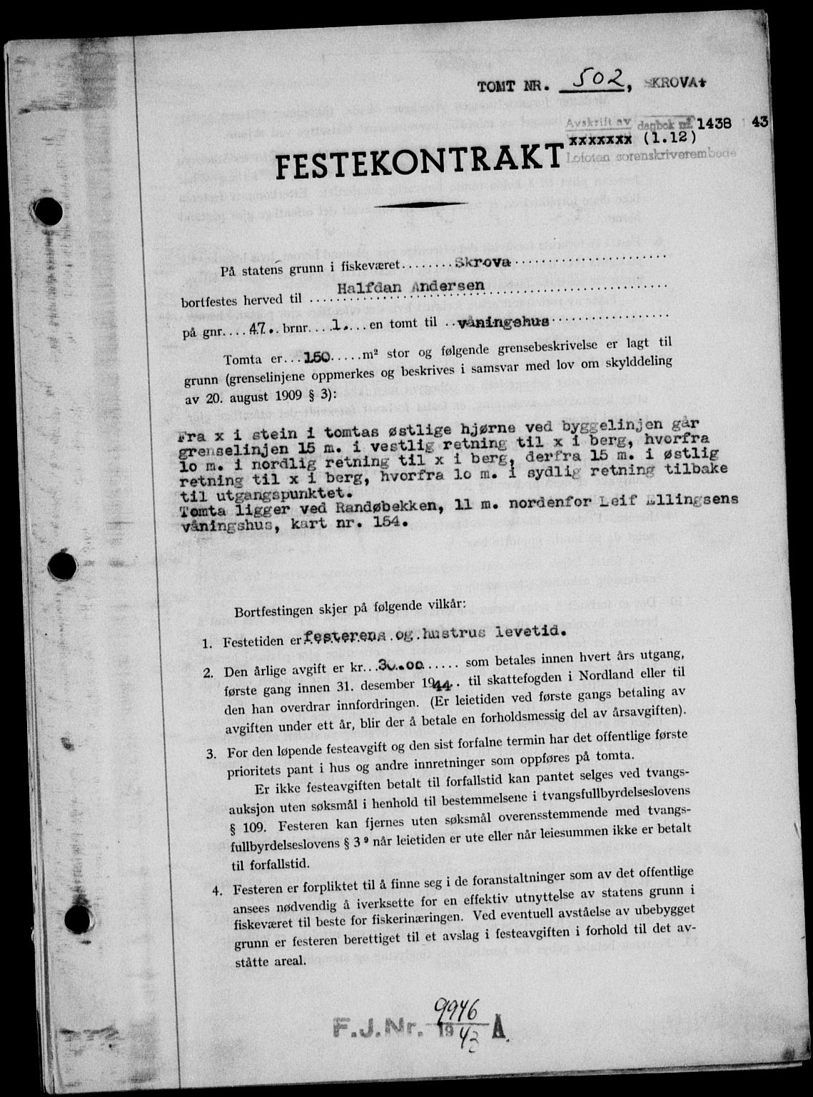 Lofoten sorenskriveri, SAT/A-0017/1/2/2C/L0012a: Mortgage book no. 12a, 1943-1944, Diary no: : 1438/1943