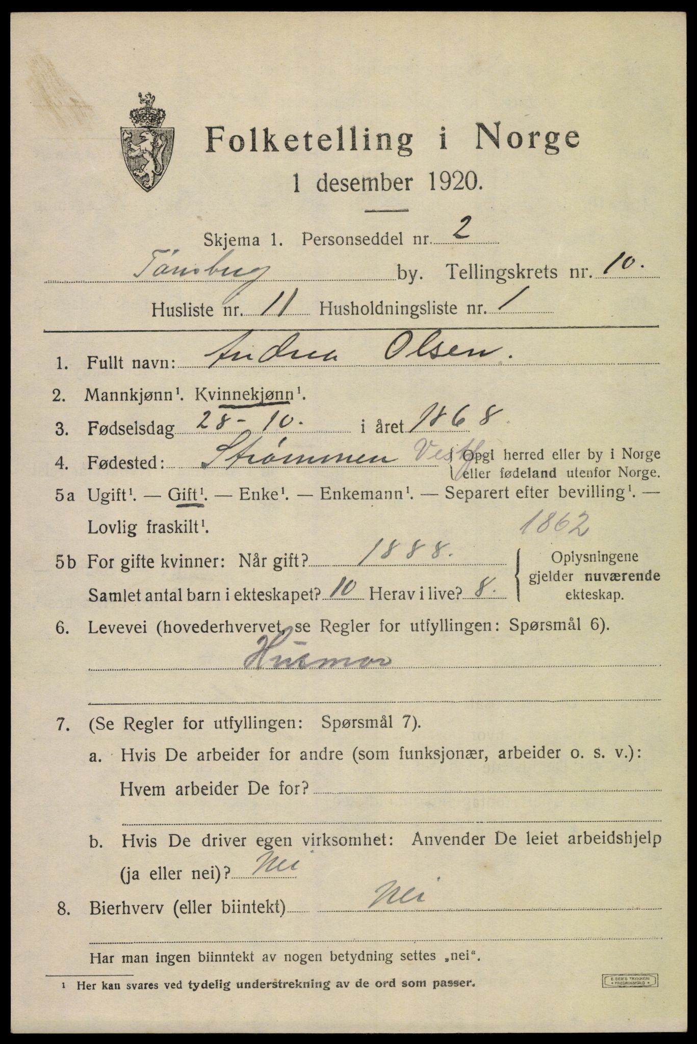 SAKO, 1920 census for Tønsberg, 1920, p. 18407