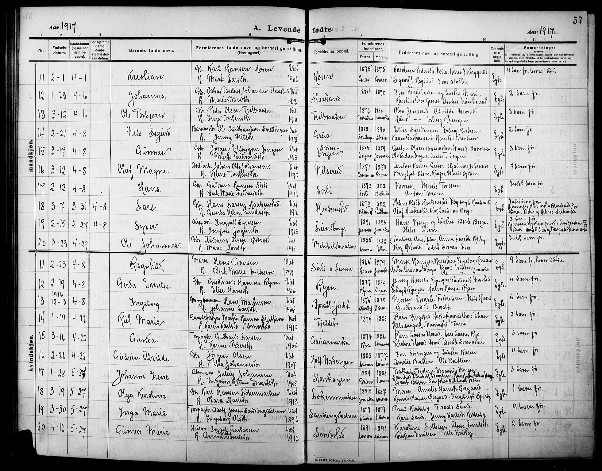 Lunner prestekontor, SAH/PREST-118/H/Ha/Hab/L0001: Parish register (copy) no. 1, 1909-1922, p. 57