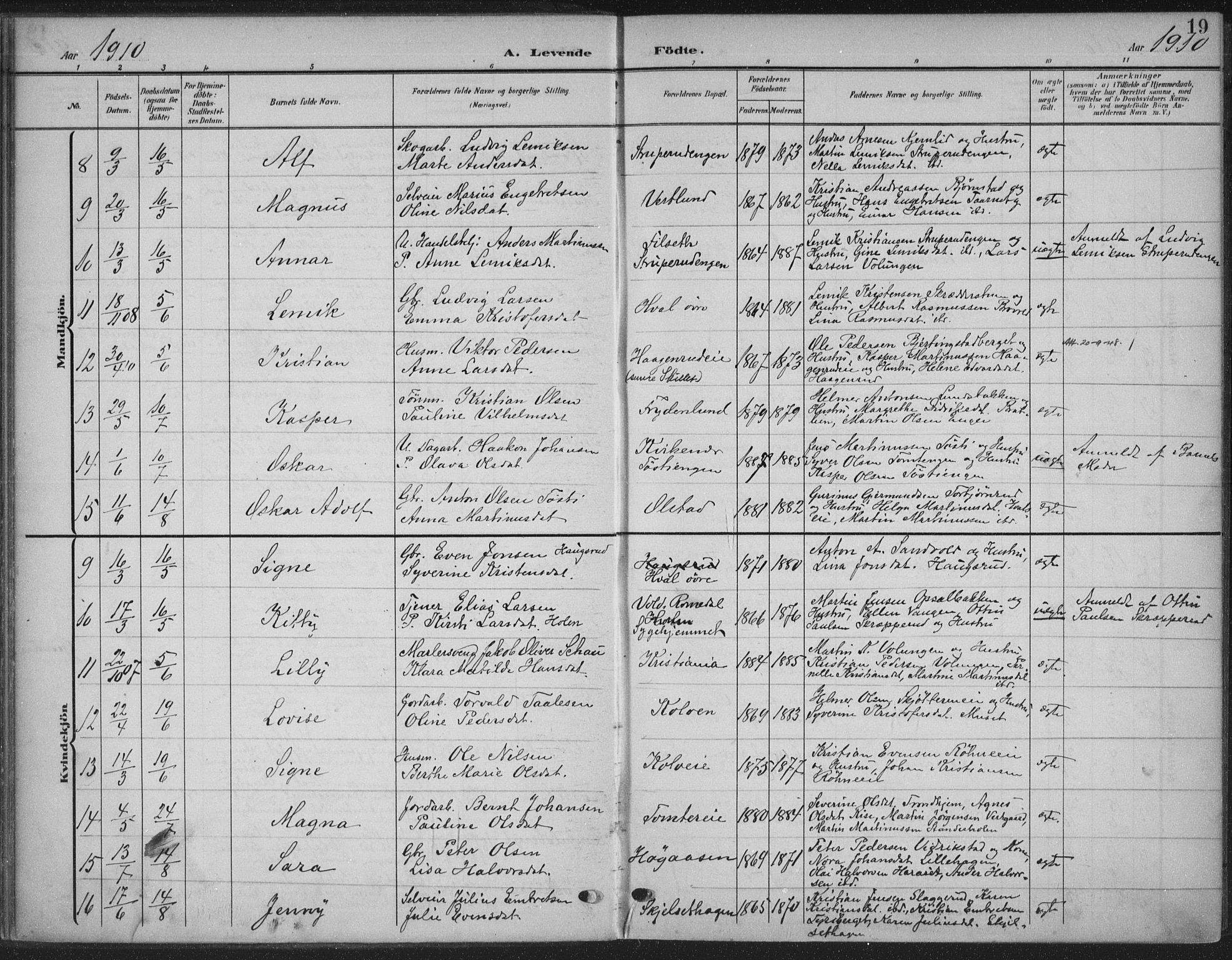 Romedal prestekontor, AV/SAH-PREST-004/K/L0009: Parish register (official) no. 9, 1906-1929, p. 19