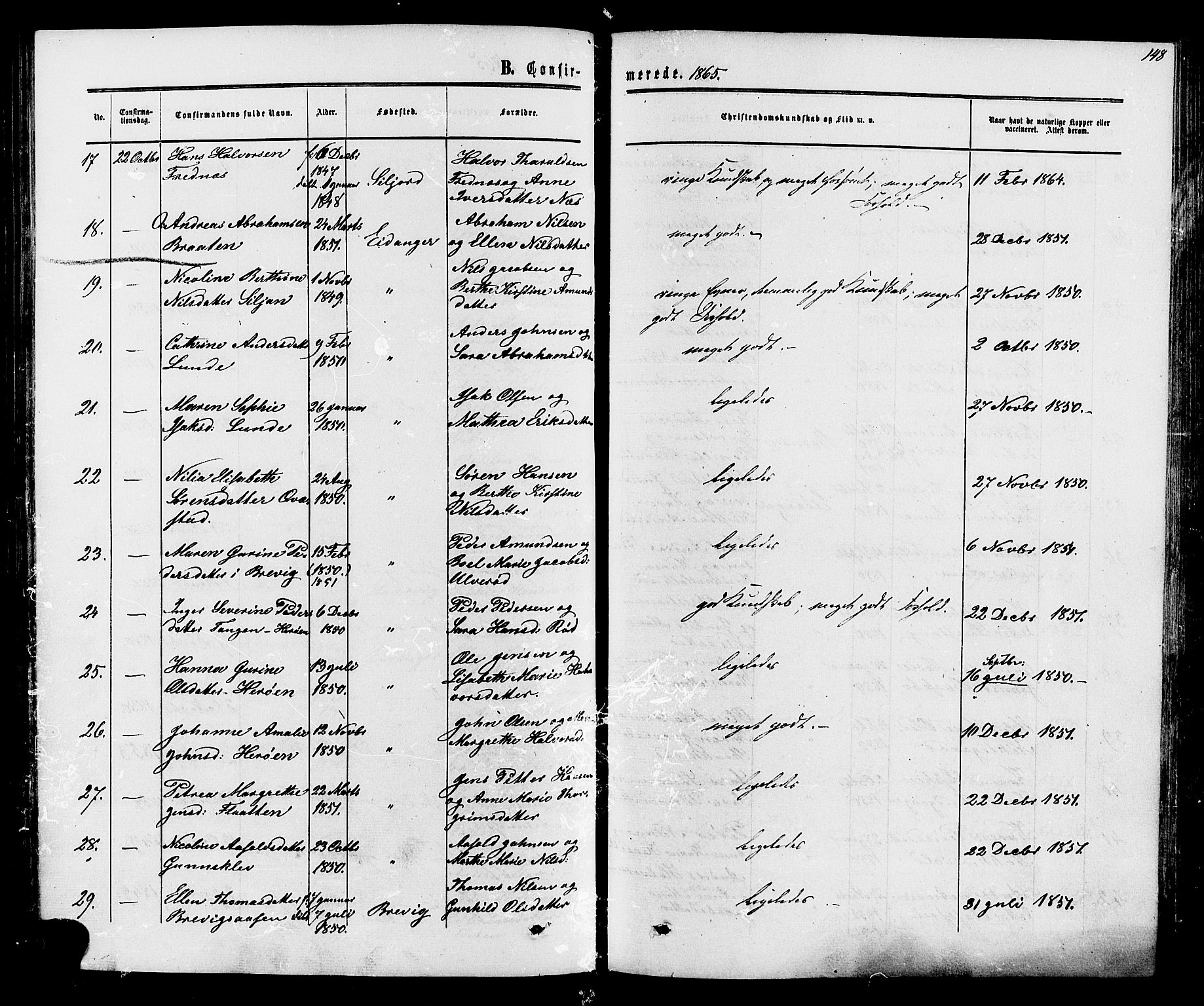 Eidanger kirkebøker, AV/SAKO-A-261/F/Fa/L0010: Parish register (official) no. 10, 1859-1874, p. 148