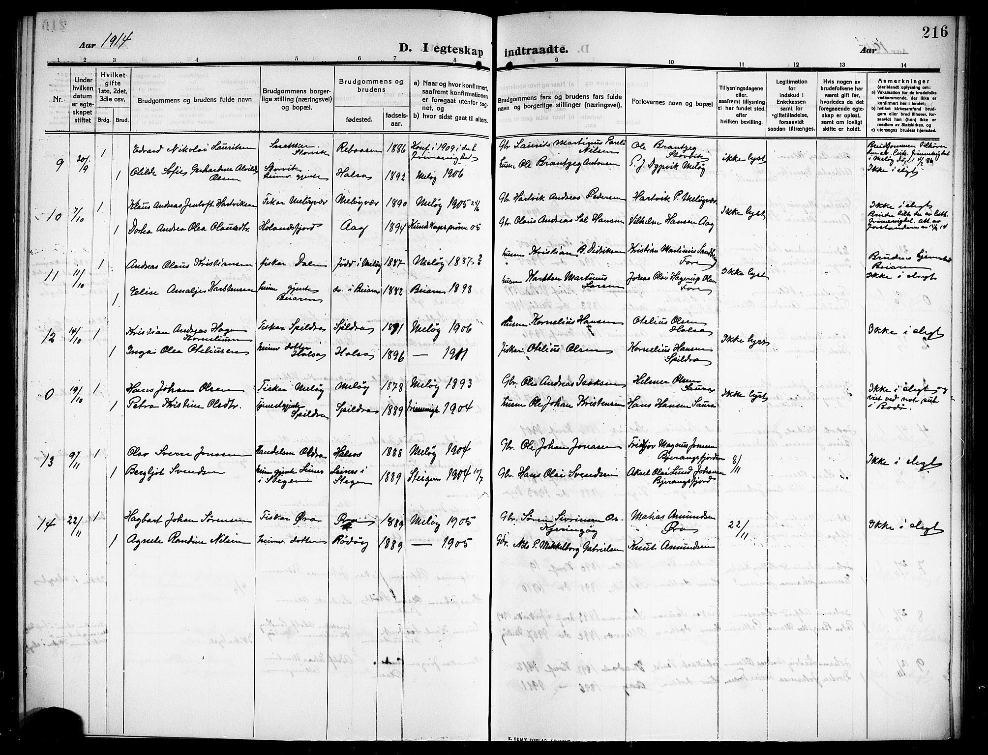 Ministerialprotokoller, klokkerbøker og fødselsregistre - Nordland, AV/SAT-A-1459/843/L0639: Parish register (copy) no. 843C08, 1908-1924, p. 216