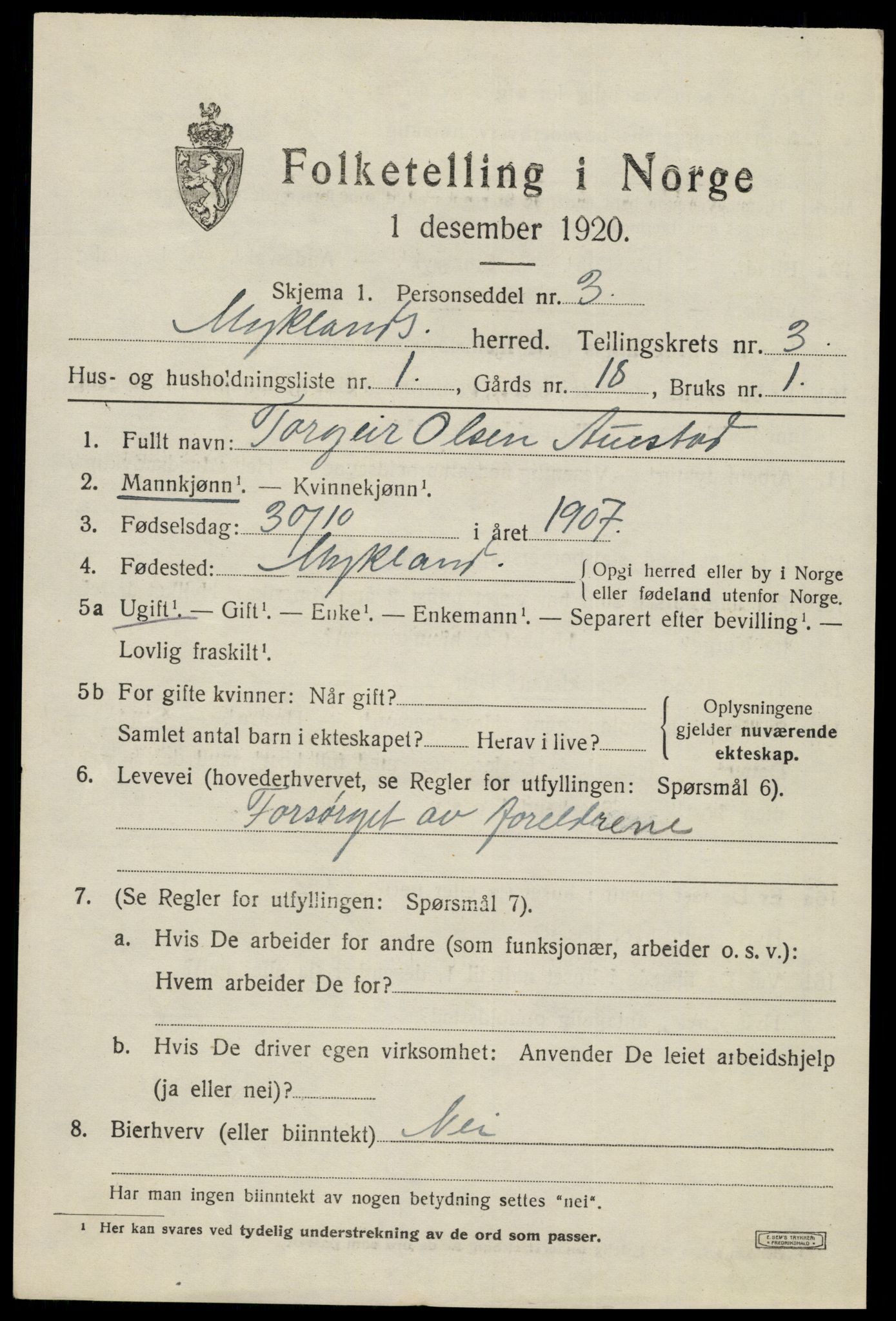 SAK, 1920 census for Mykland, 1920, p. 1126