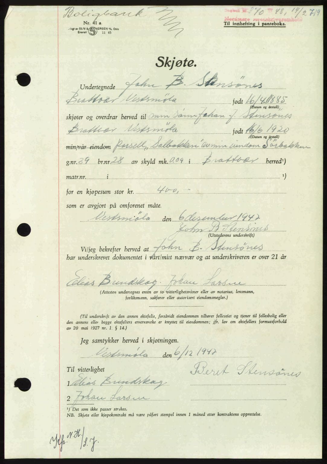 Nordmøre sorenskriveri, AV/SAT-A-4132/1/2/2Ca: Mortgage book no. A107, 1947-1948, Diary no: : 370/1948