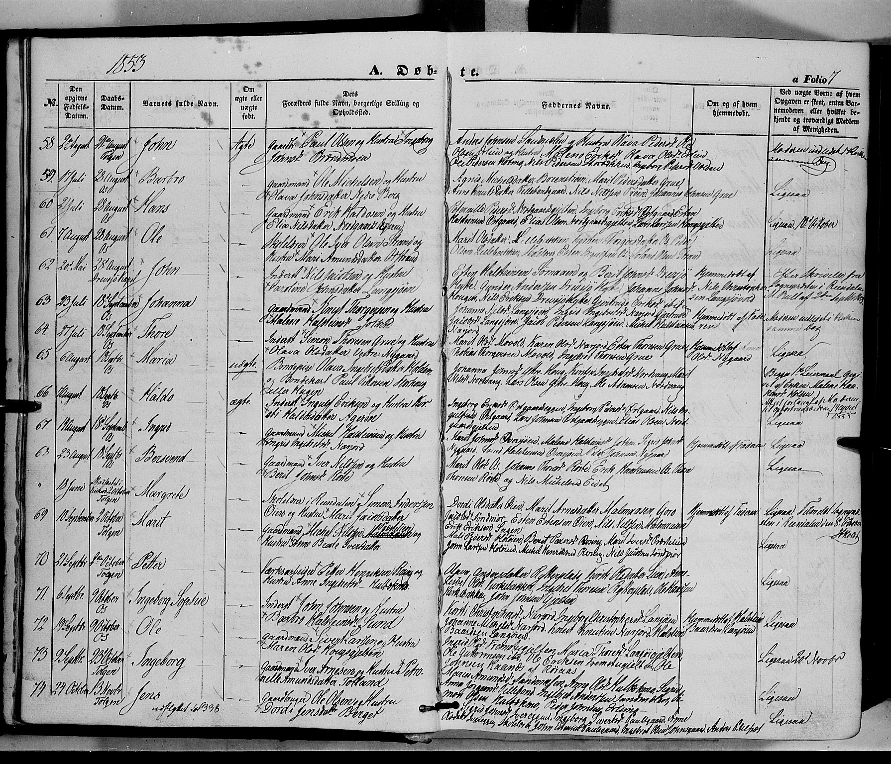 Tolga prestekontor, AV/SAH-PREST-062/K/L0006: Parish register (official) no. 6, 1852-1876, p. 7