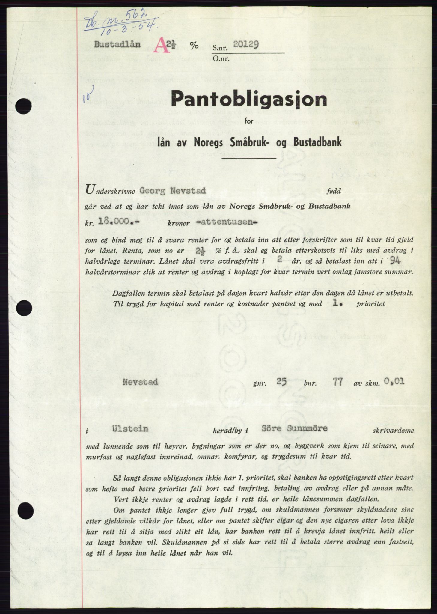 Søre Sunnmøre sorenskriveri, AV/SAT-A-4122/1/2/2C/L0124: Mortgage book no. 12B, 1953-1954, Diary no: : 562/1954