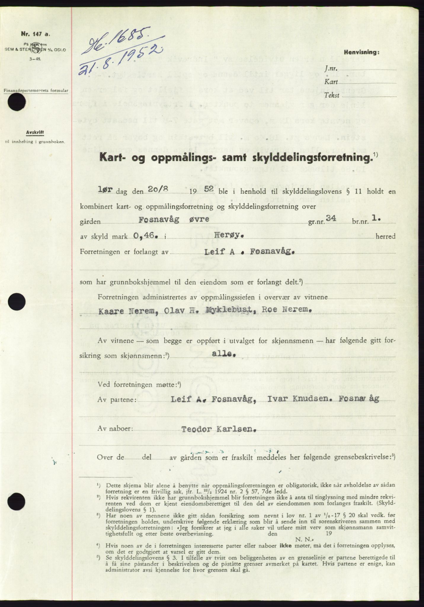 Søre Sunnmøre sorenskriveri, AV/SAT-A-4122/1/2/2C/L0092: Mortgage book no. 18A, 1952-1952, Diary no: : 1685/1952