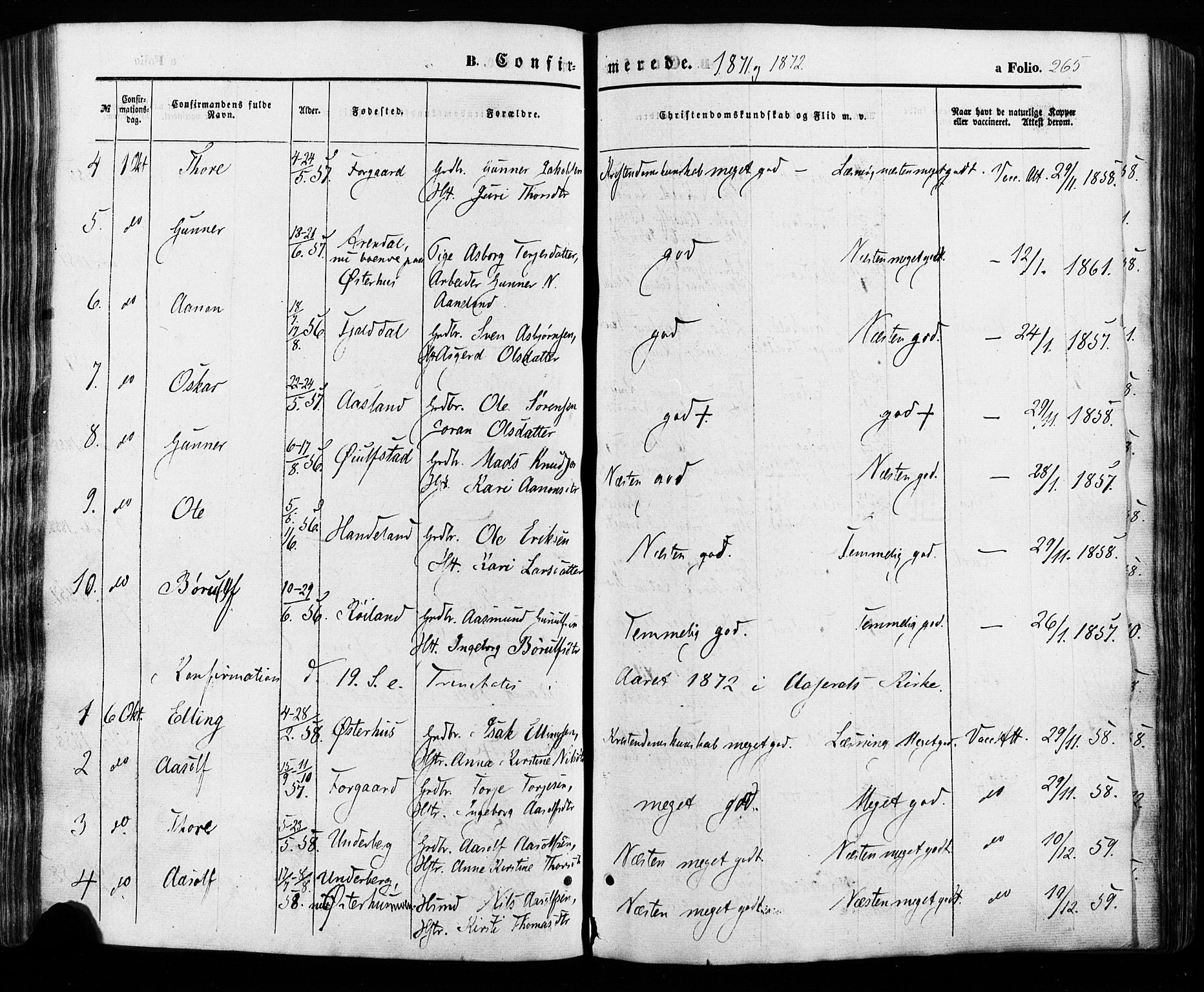 Åseral sokneprestkontor, SAK/1111-0051/F/Fa/L0002: Parish register (official) no. A 2, 1854-1884, p. 265