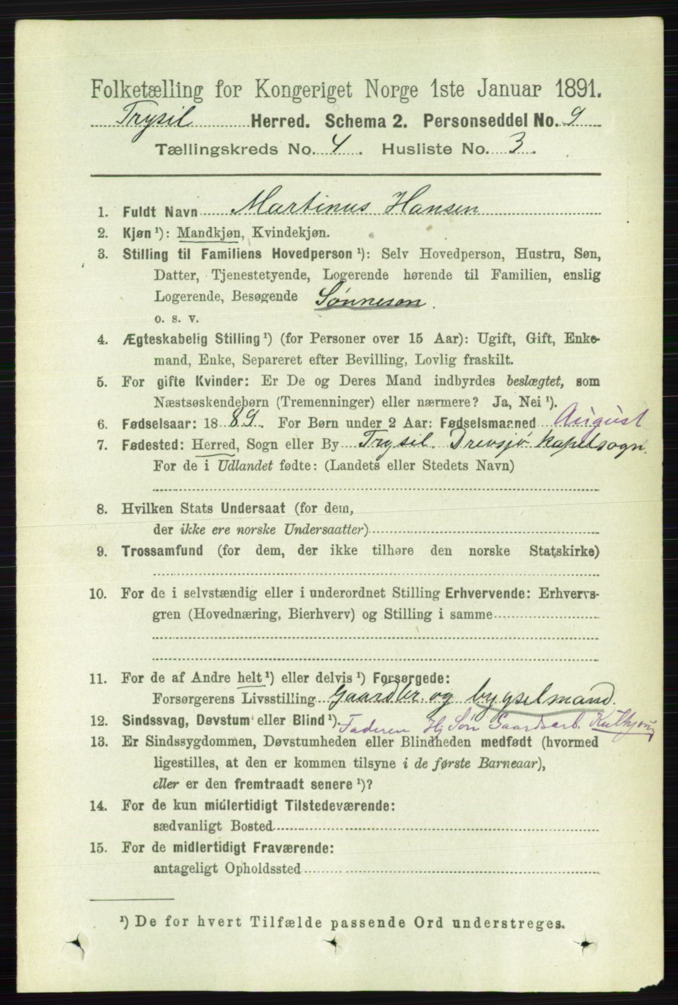 RA, 1891 census for 0428 Trysil, 1891, p. 1862