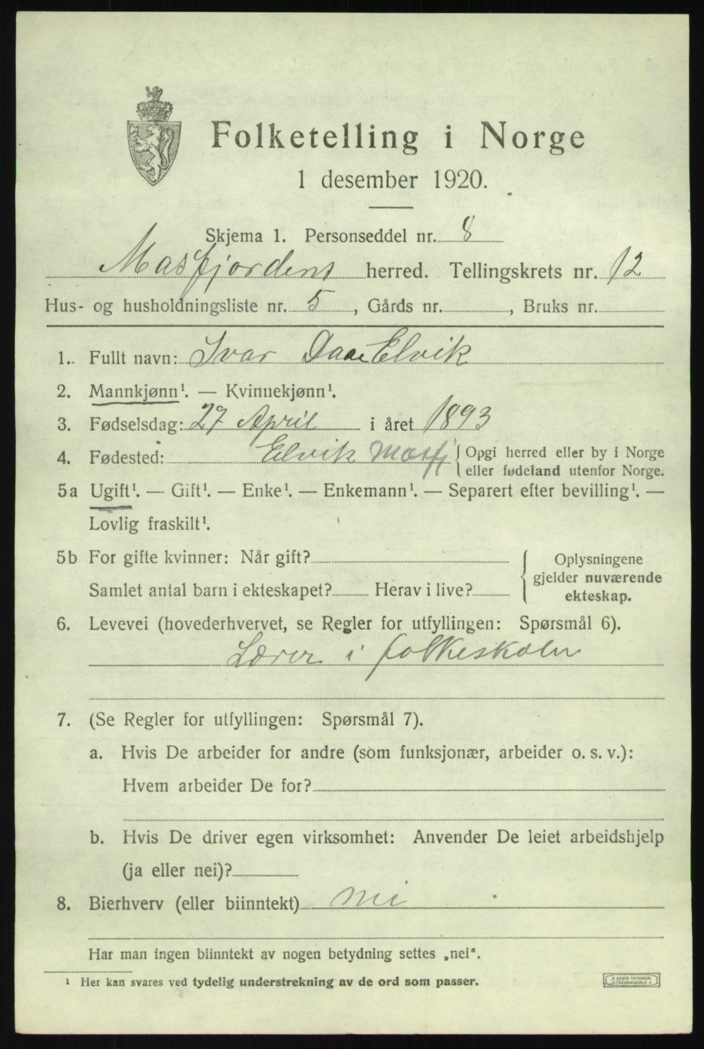 SAB, 1920 census for Masfjorden, 1920, p. 4559
