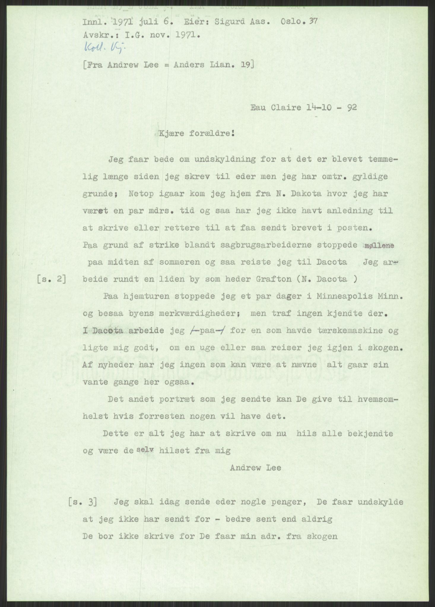 Samlinger til kildeutgivelse, Amerikabrevene, AV/RA-EA-4057/F/L0034: Innlån fra Nord-Trøndelag, 1838-1914, p. 461