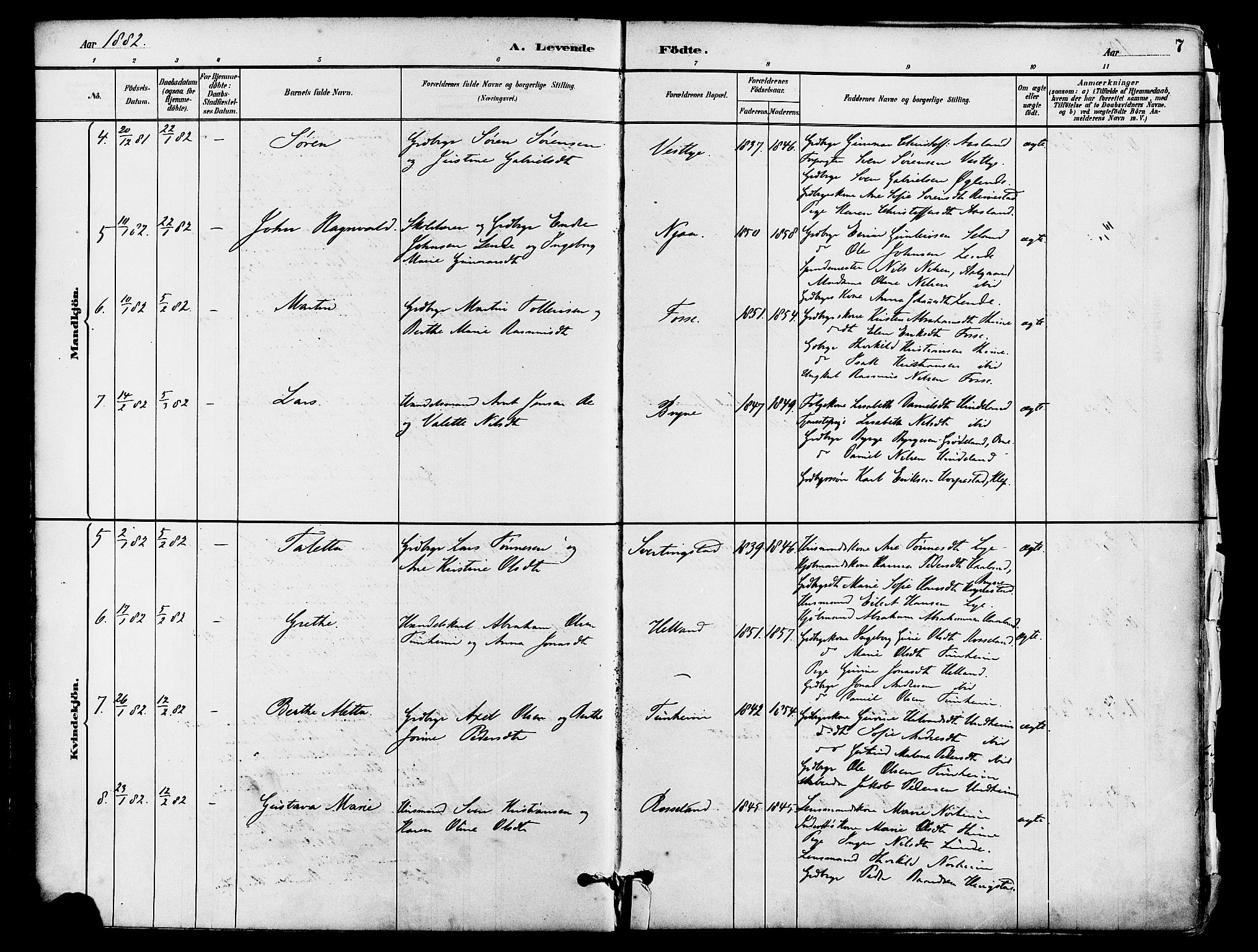 Lye sokneprestkontor, SAST/A-101794/001/30BA/L0009: Parish register (official) no. A 8, 1881-1892, p. 7