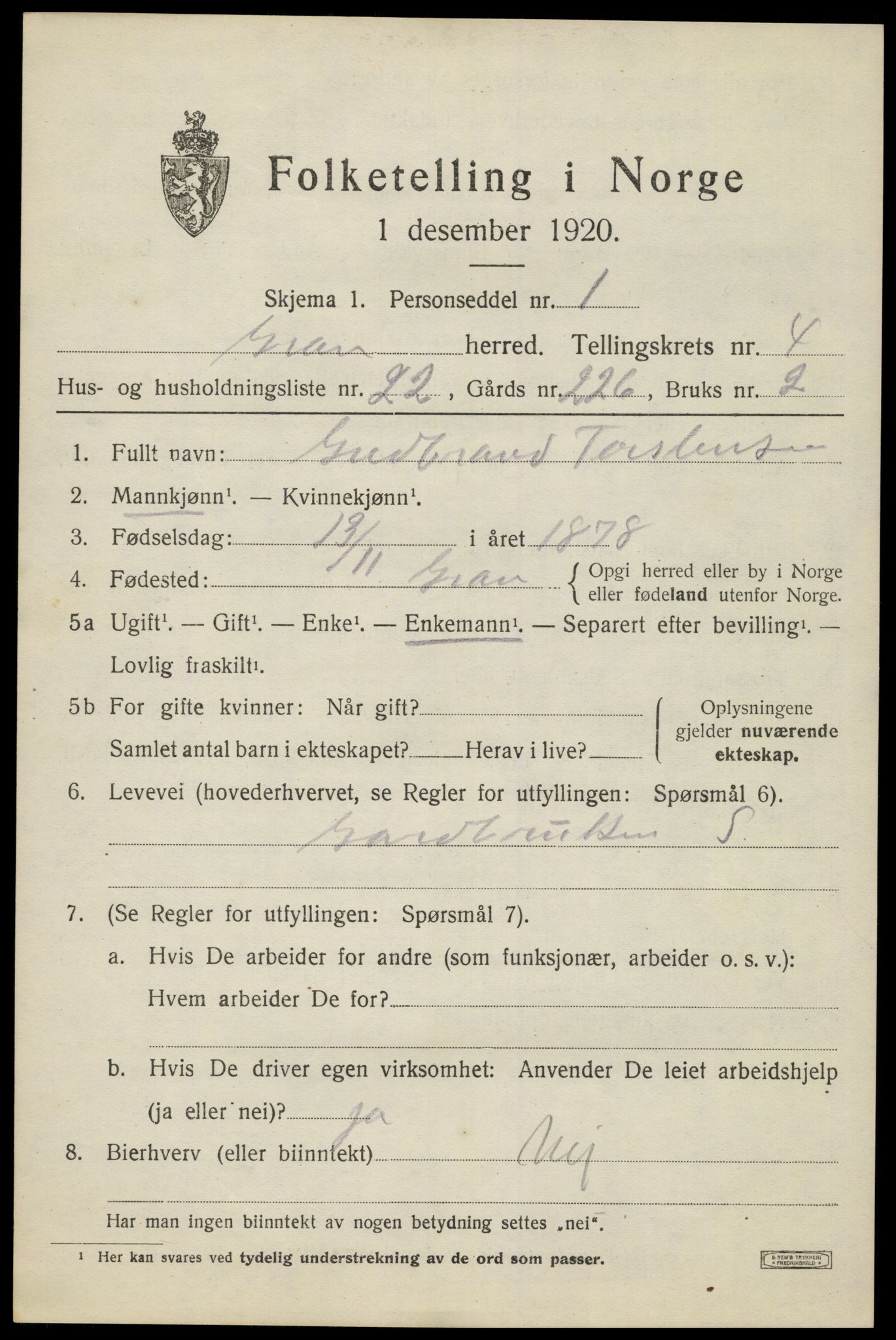 SAH, 1920 census for Gran, 1920, p. 6646