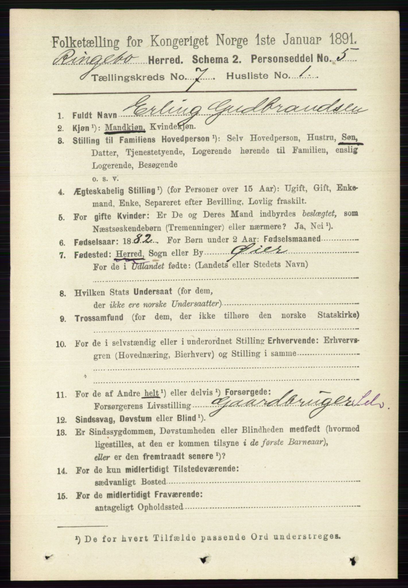 RA, 1891 census for 0520 Ringebu, 1891, p. 3039