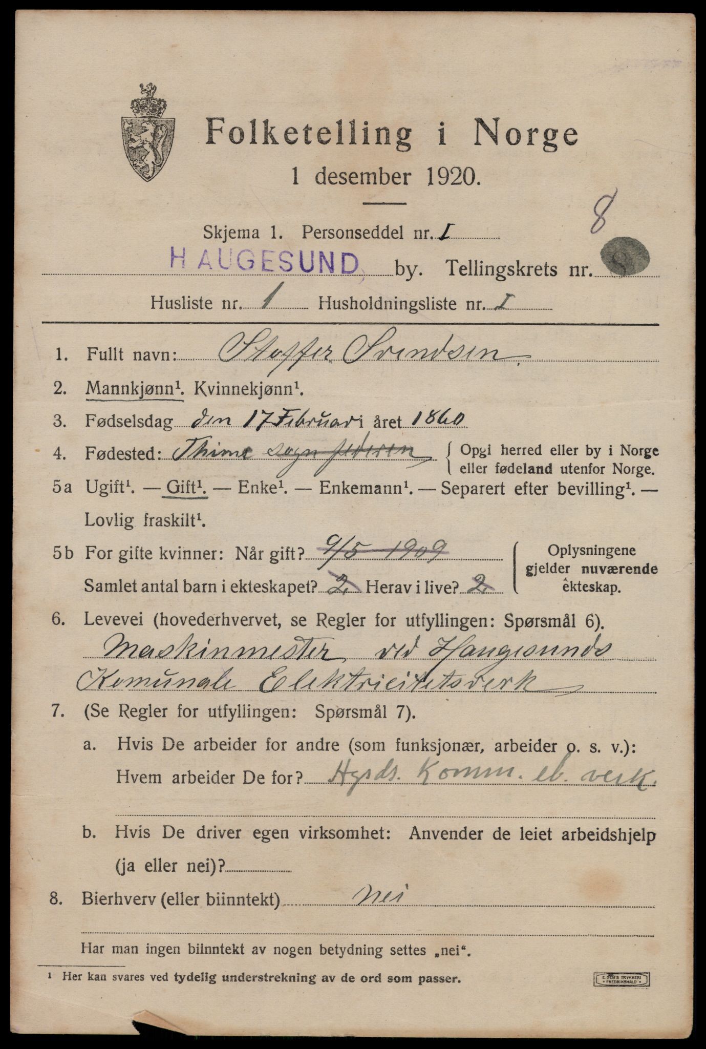 SAST, 1920 census for Haugesund, 1920, p. 27455