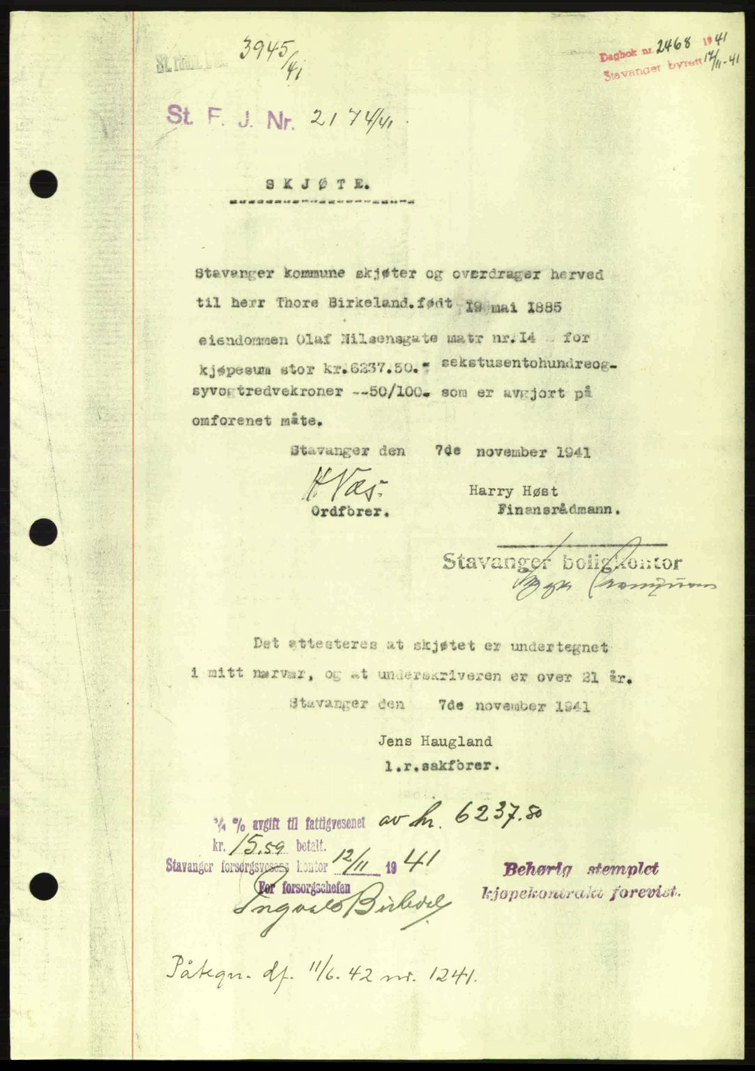 Stavanger byrett, SAST/A-100455/002/G/Gb/L0017: Mortgage book no. A7, 1941-1943, Diary no: : 2468/1941