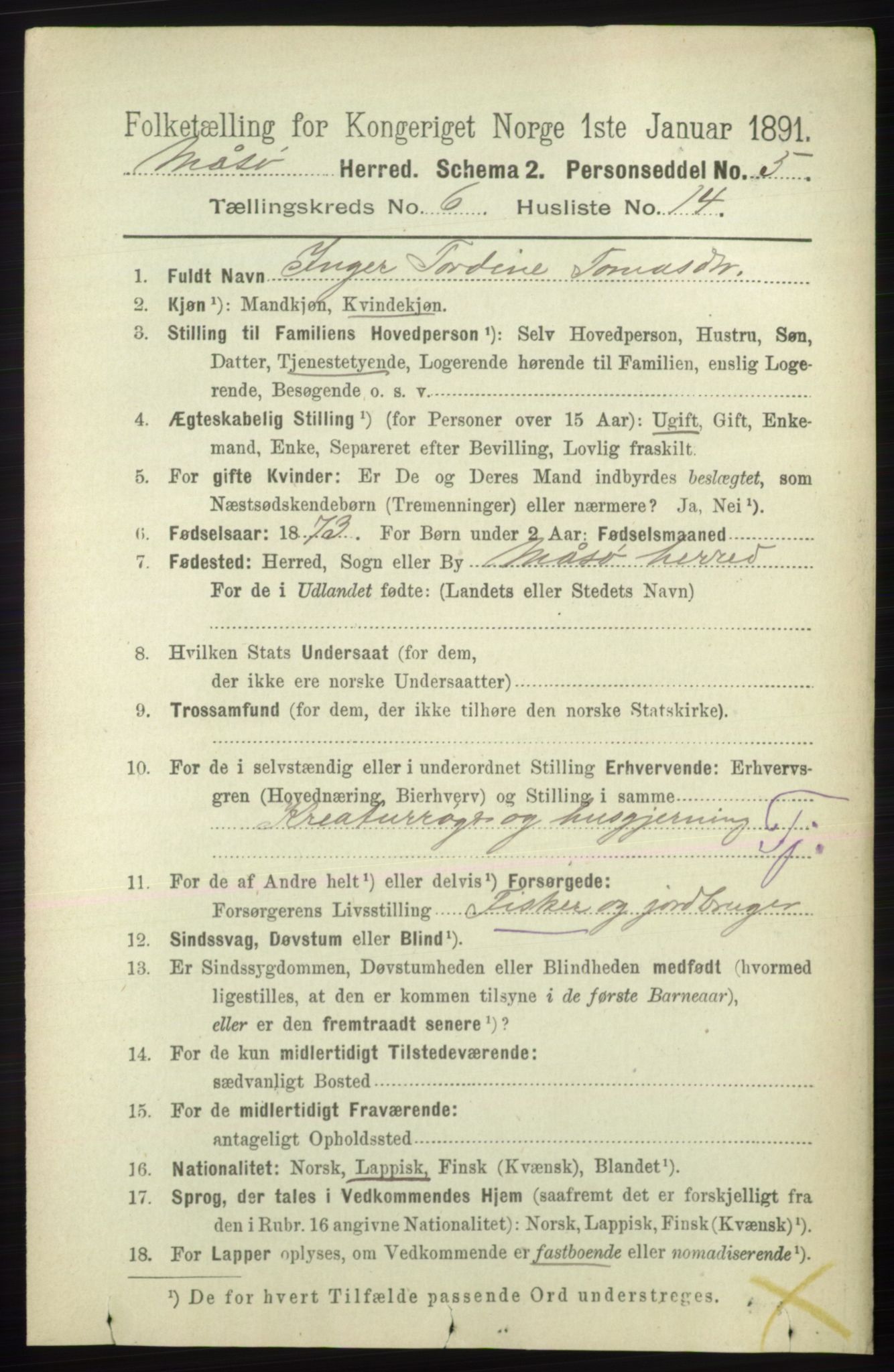 RA, 1891 census for 2018 Måsøy, 1891, p. 1211