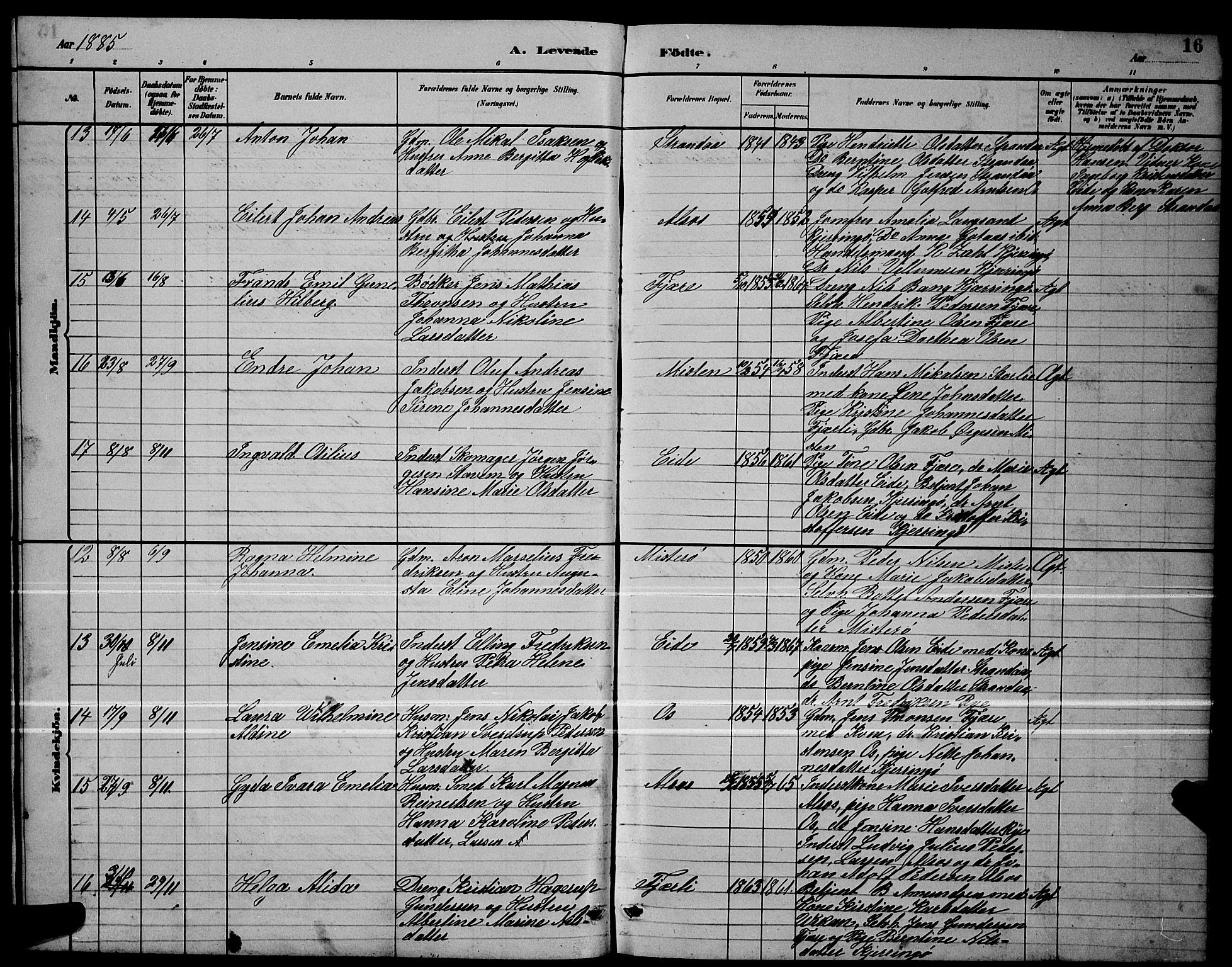 Ministerialprotokoller, klokkerbøker og fødselsregistre - Nordland, SAT/A-1459/803/L0076: Parish register (copy) no. 803C03, 1882-1897, p. 16