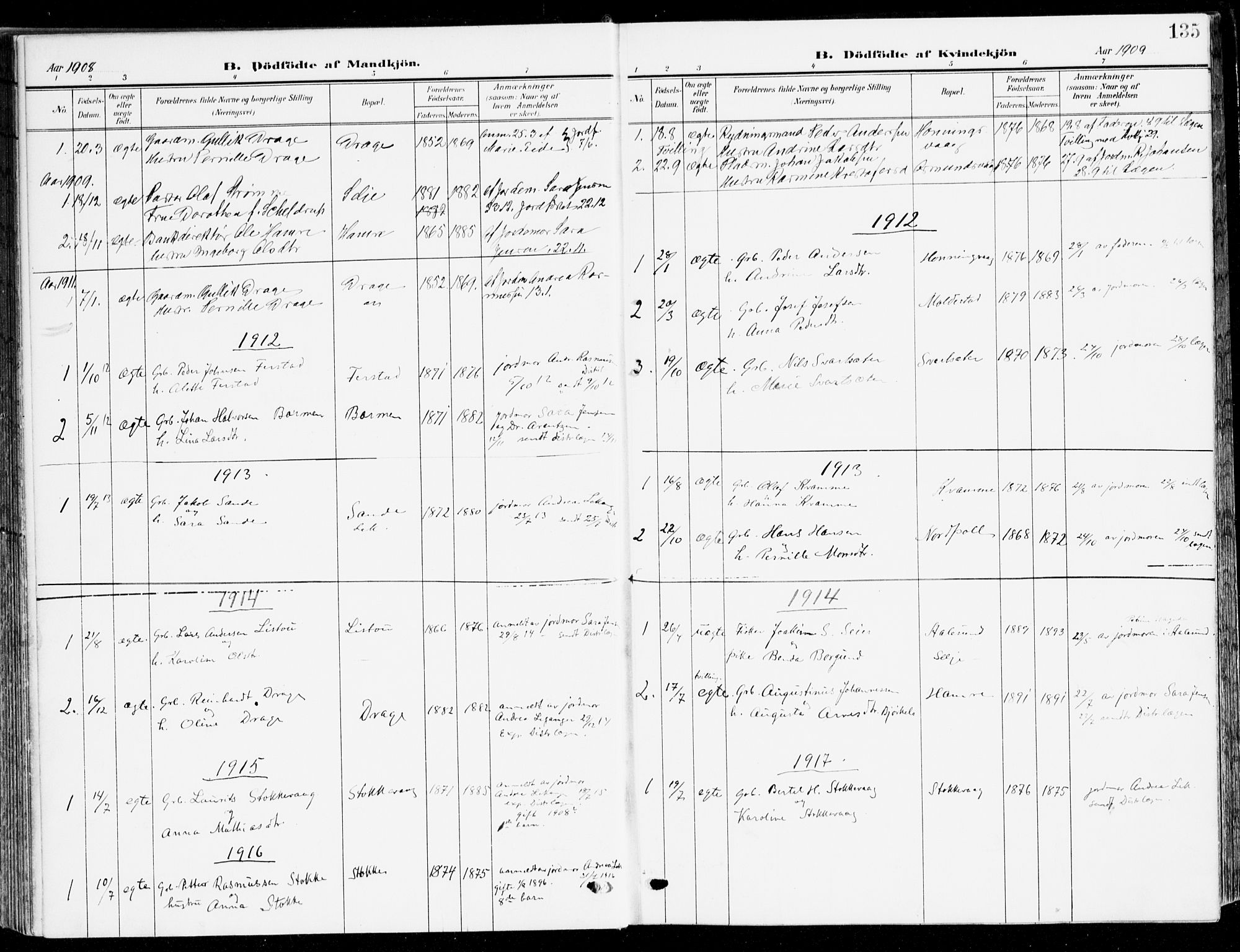 Selje sokneprestembete, SAB/A-99938/H/Ha/Haa/Haab: Parish register (official) no. B 3, 1908-1923, p. 135