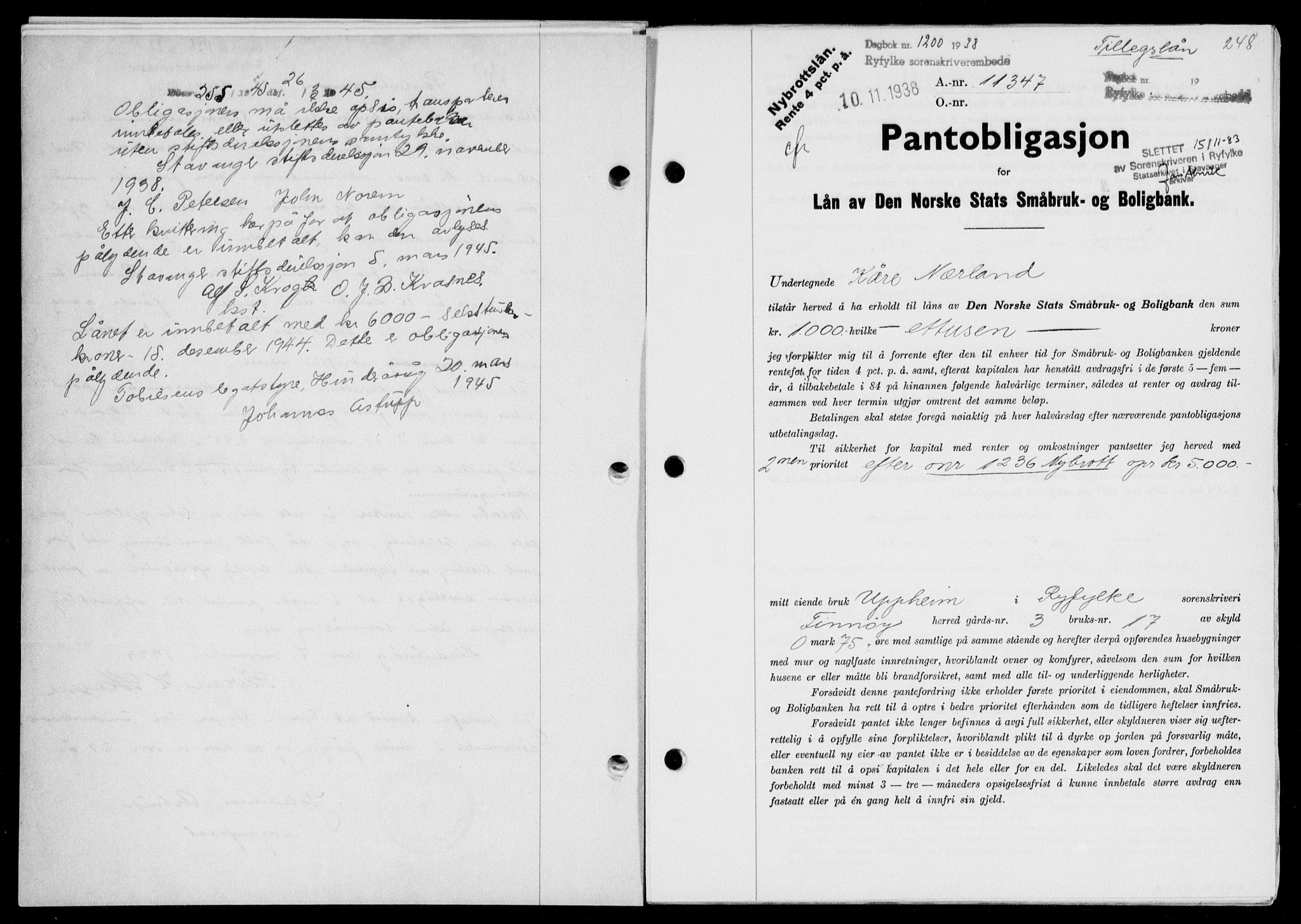 Ryfylke tingrett, SAST/A-100055/001/II/IIB/L0078: Mortgage book no. 57, 1938-1938, Diary no: : 1200/1938