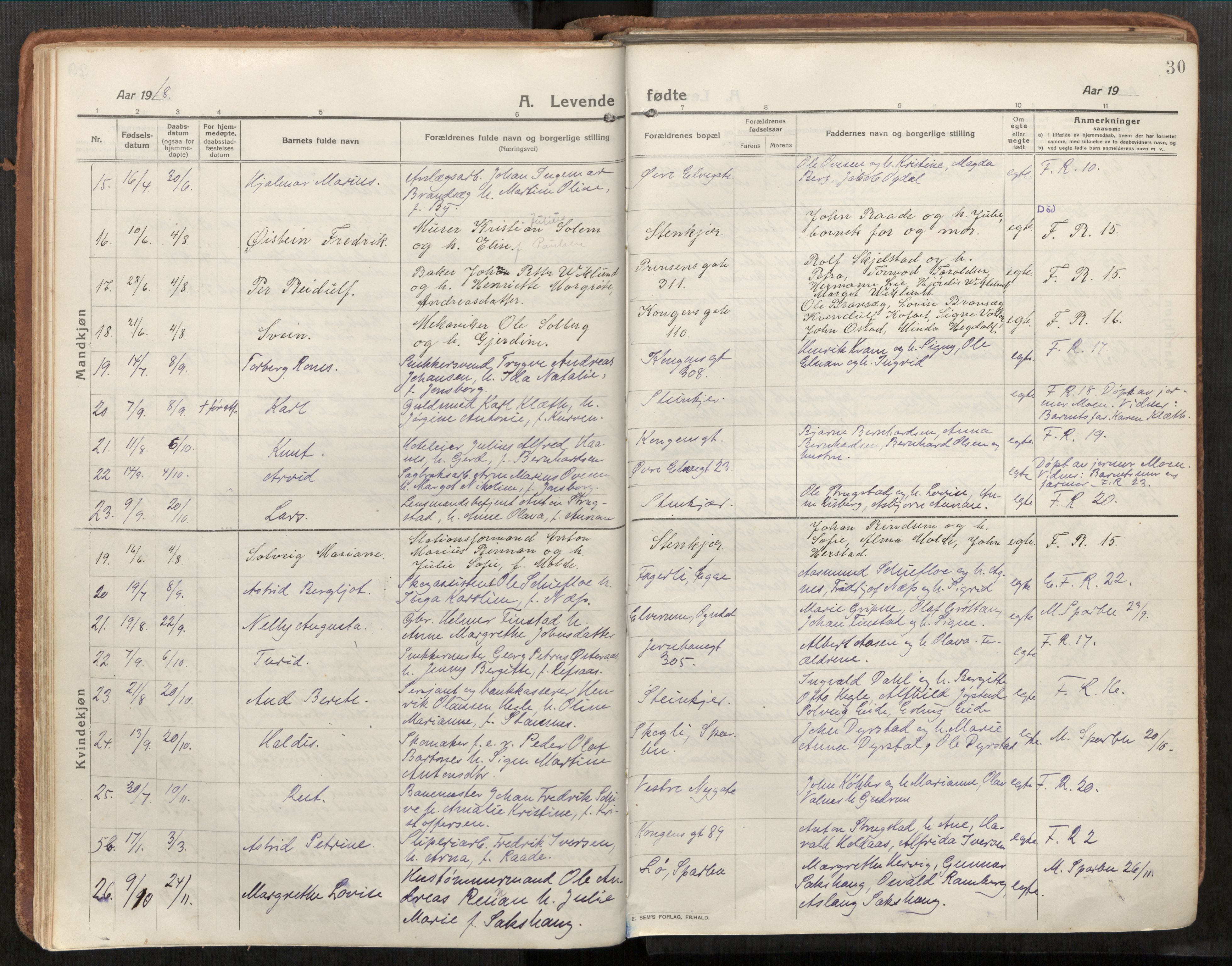 Steinkjer sokneprestkontor, AV/SAT-A-1541/01/H/Ha/Haa/L0003: Parish register (official) no. 3, 1913-1922, p. 30