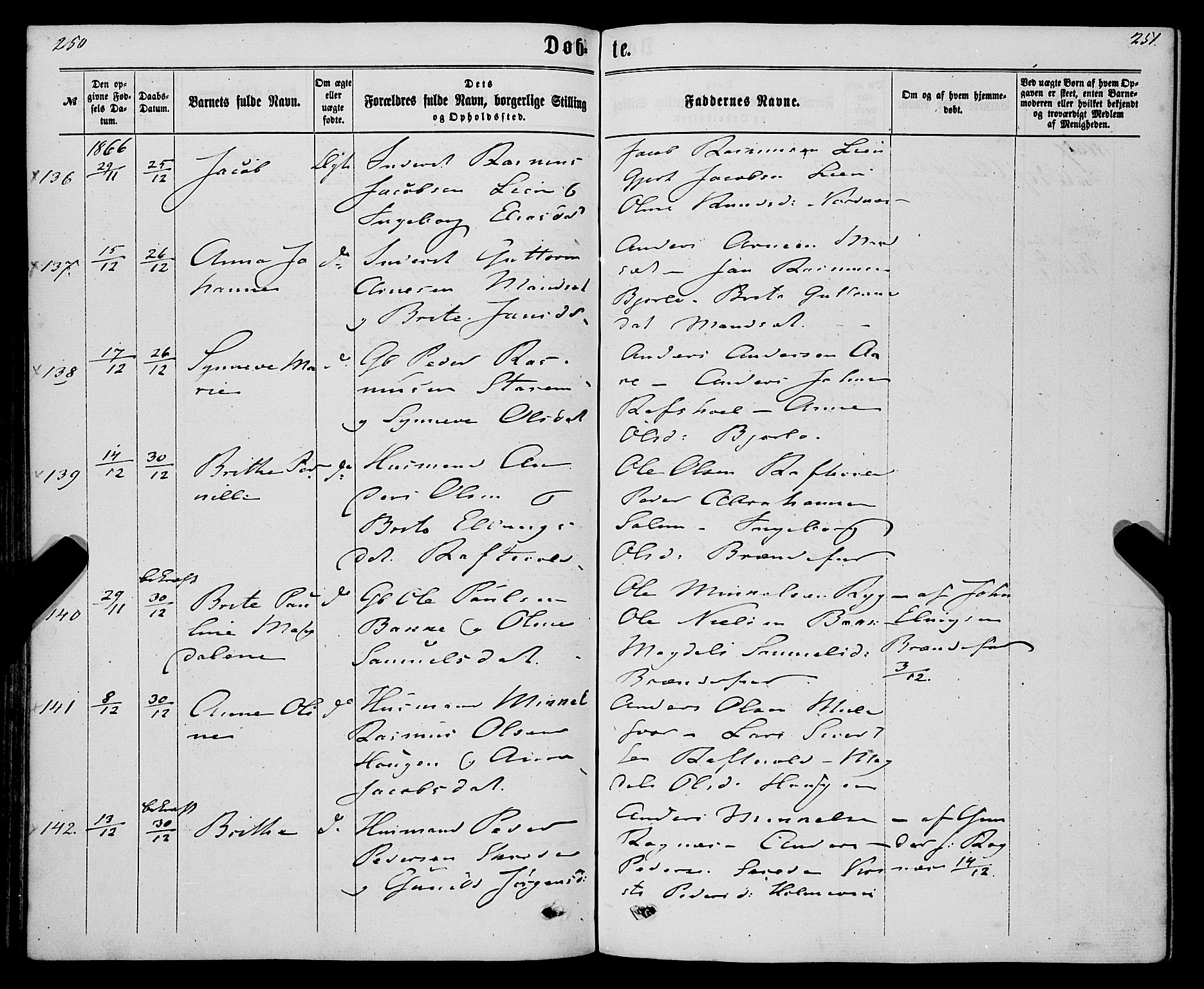 Eid sokneprestembete, AV/SAB-A-82301/H/Haa/Haaa/L0009: Parish register (official) no. A 9, 1861-1868, p. 250-251