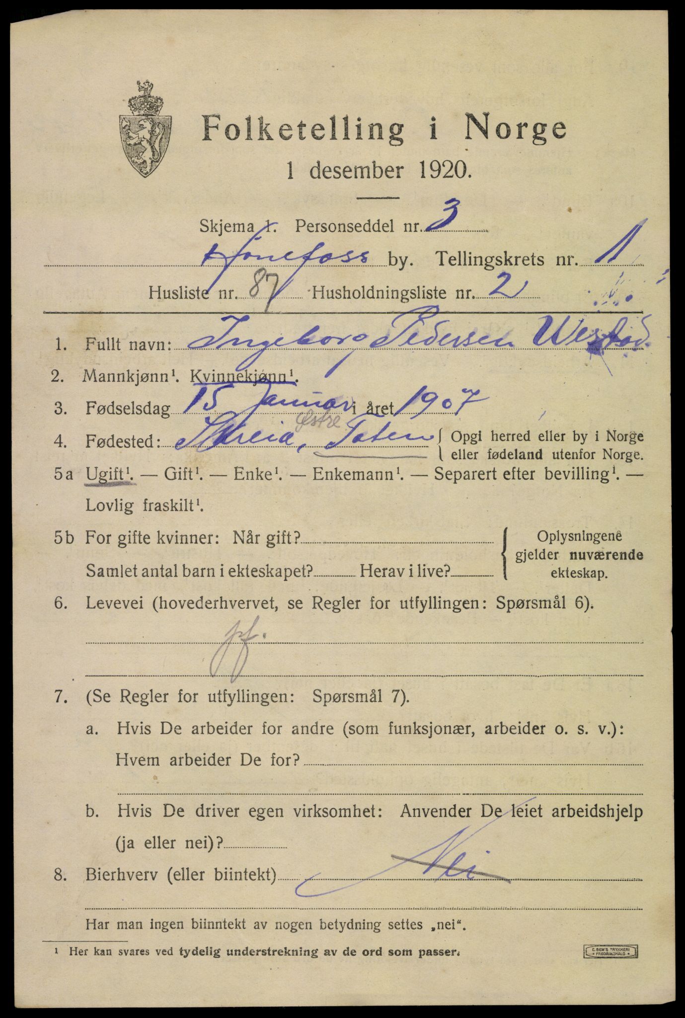 SAKO, 1920 census for Hønefoss, 1920, p. 3838