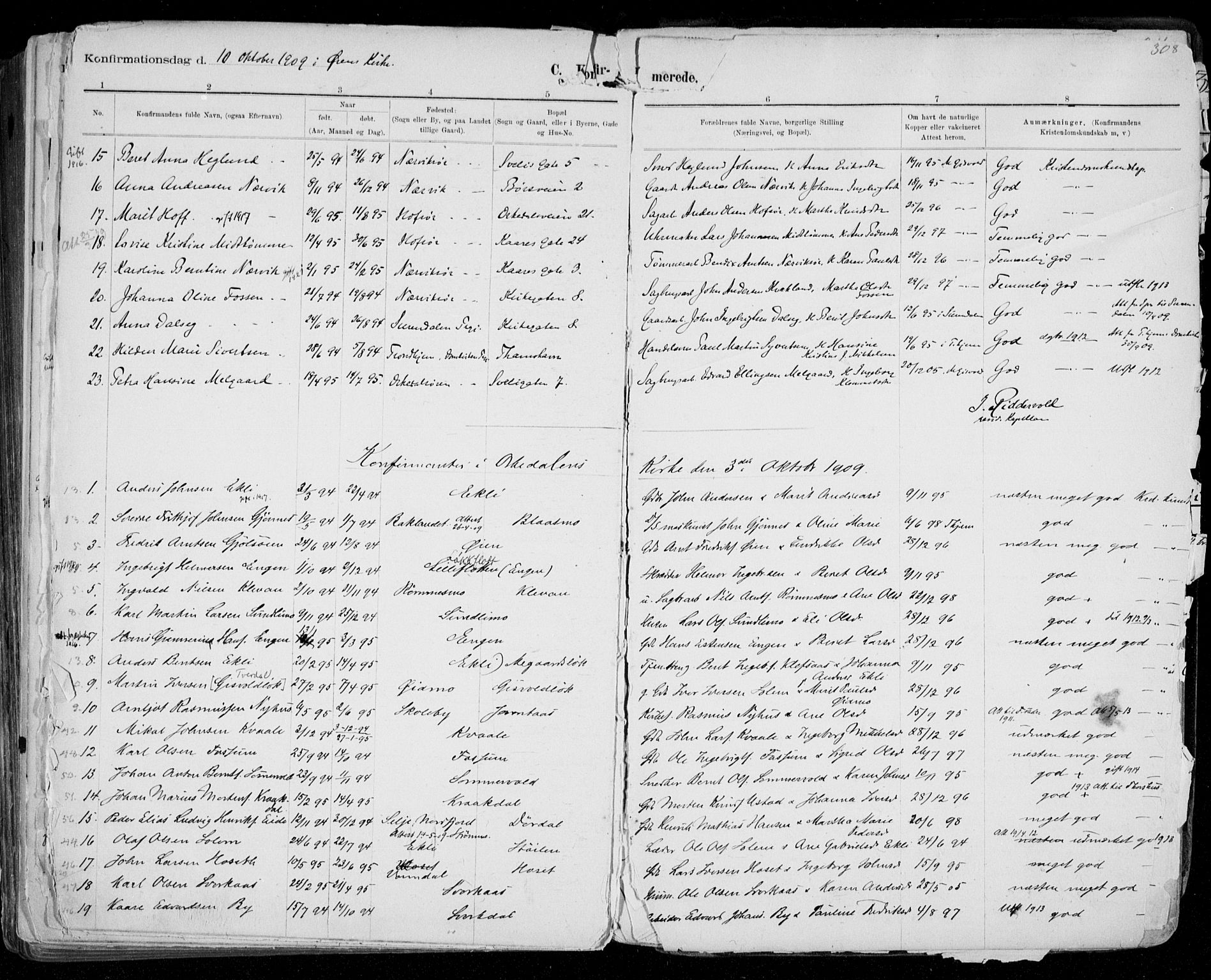 Ministerialprotokoller, klokkerbøker og fødselsregistre - Sør-Trøndelag, AV/SAT-A-1456/668/L0811: Parish register (official) no. 668A11, 1894-1913, p. 308