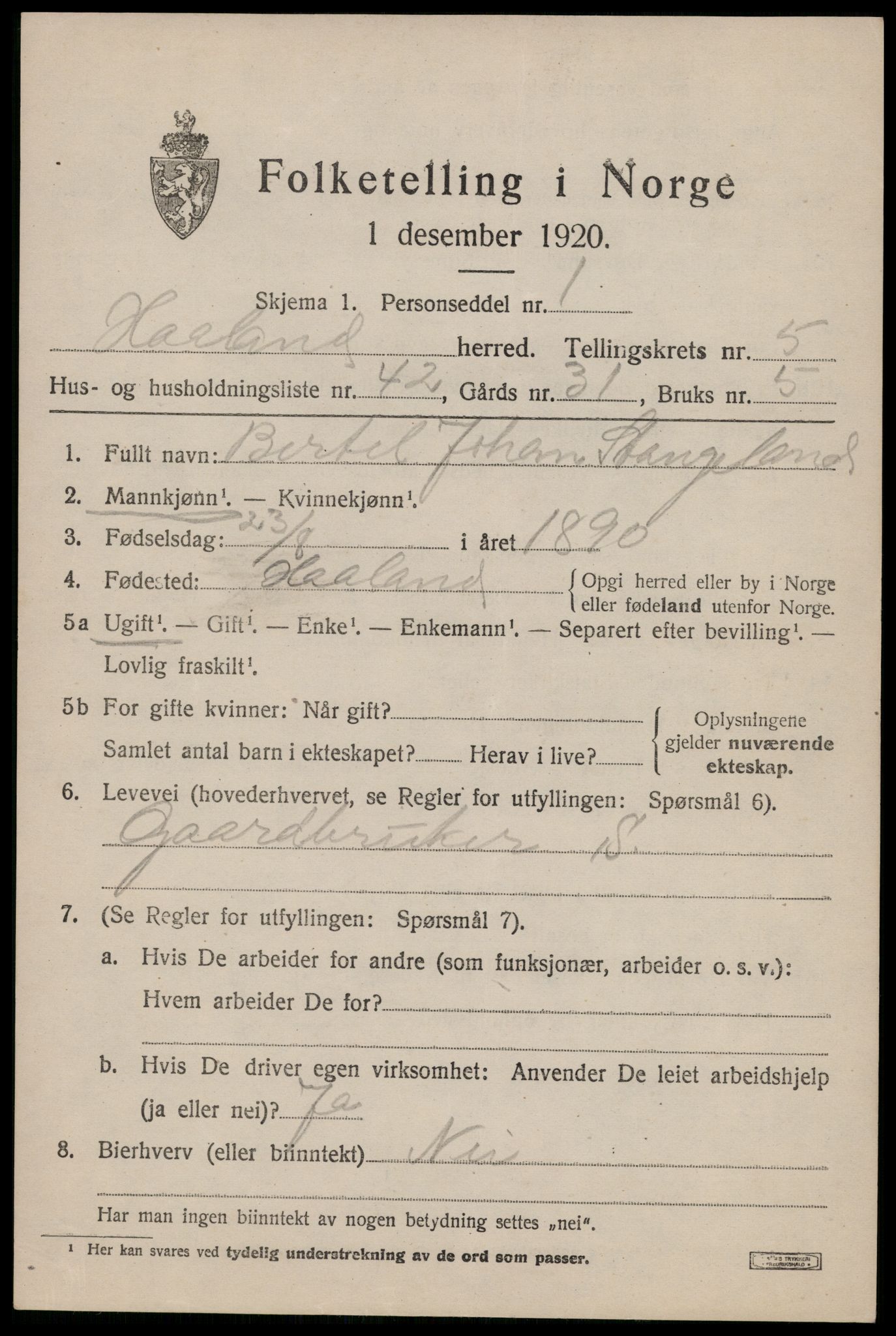 SAST, 1920 census for Håland, 1920, p. 5035