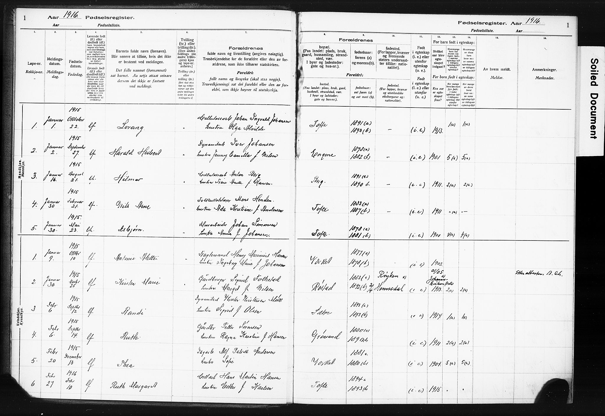 Hurum kirkebøker, AV/SAKO-A-229/J/Ja/L0001: Birth register no. 1, 1916-1928, p. 1