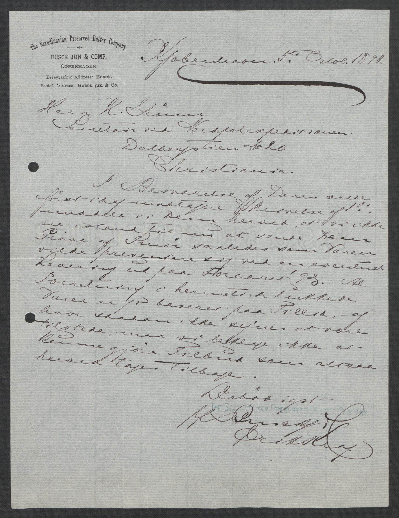 Arbeidskomitéen for Fridtjof Nansens polarekspedisjon, AV/RA-PA-0061/D/L0004: Innk. brev og telegrammer vedr. proviant og utrustning, 1892-1893, p. 127