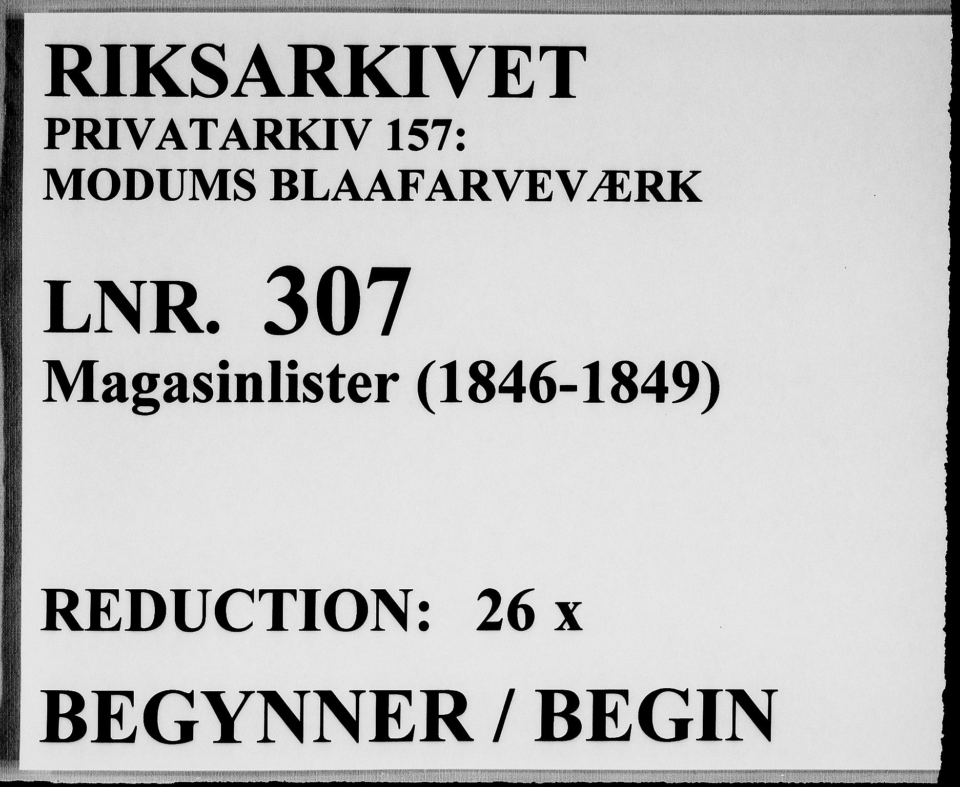 Modums Blaafarveværk, RA/PA-0157/G/Gd/Gdd/L0307/0001: -- / Magasinlister, 1846-1849, p. 1