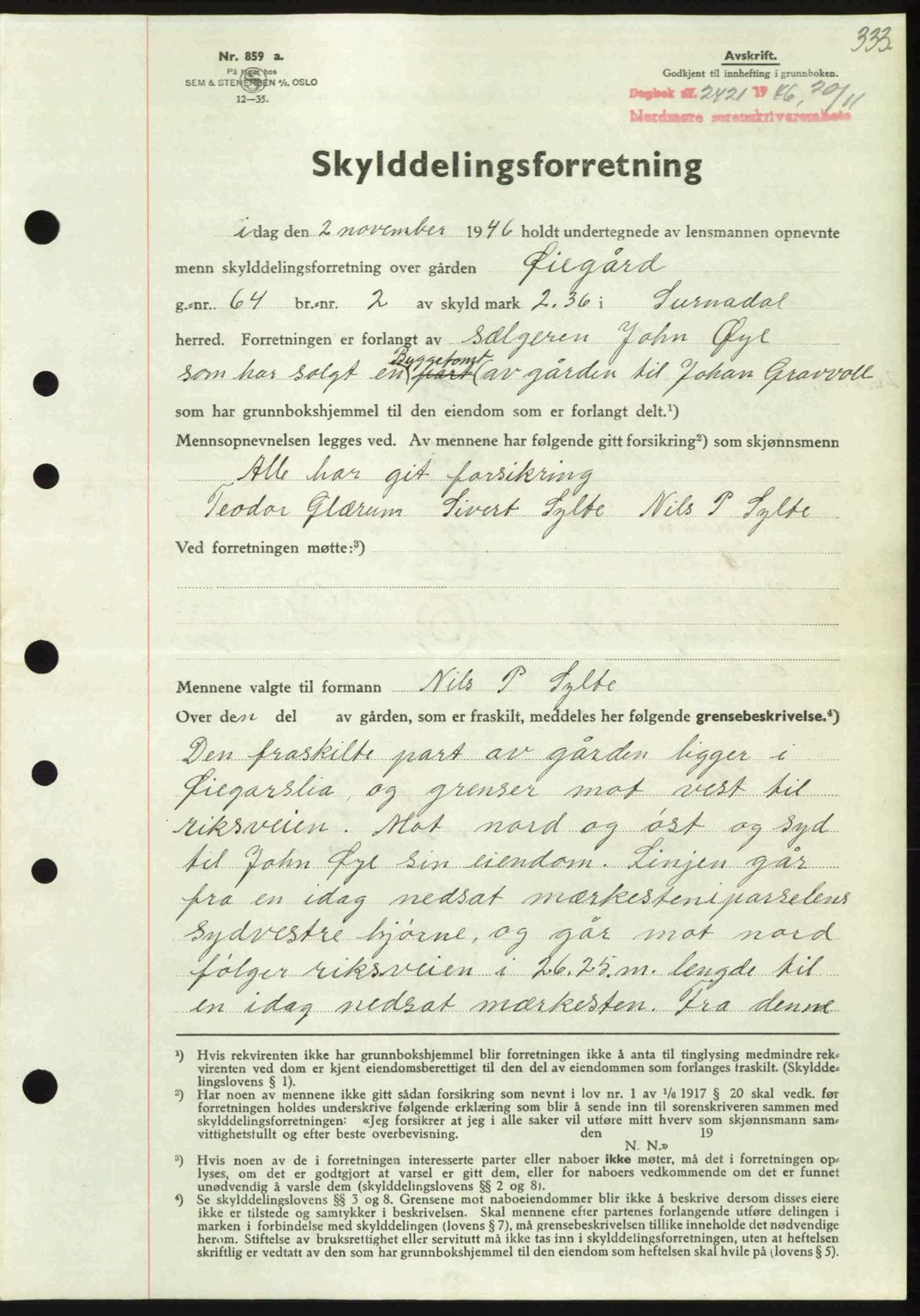 Nordmøre sorenskriveri, AV/SAT-A-4132/1/2/2Ca: Mortgage book no. A103, 1946-1947, Diary no: : 2421/1946